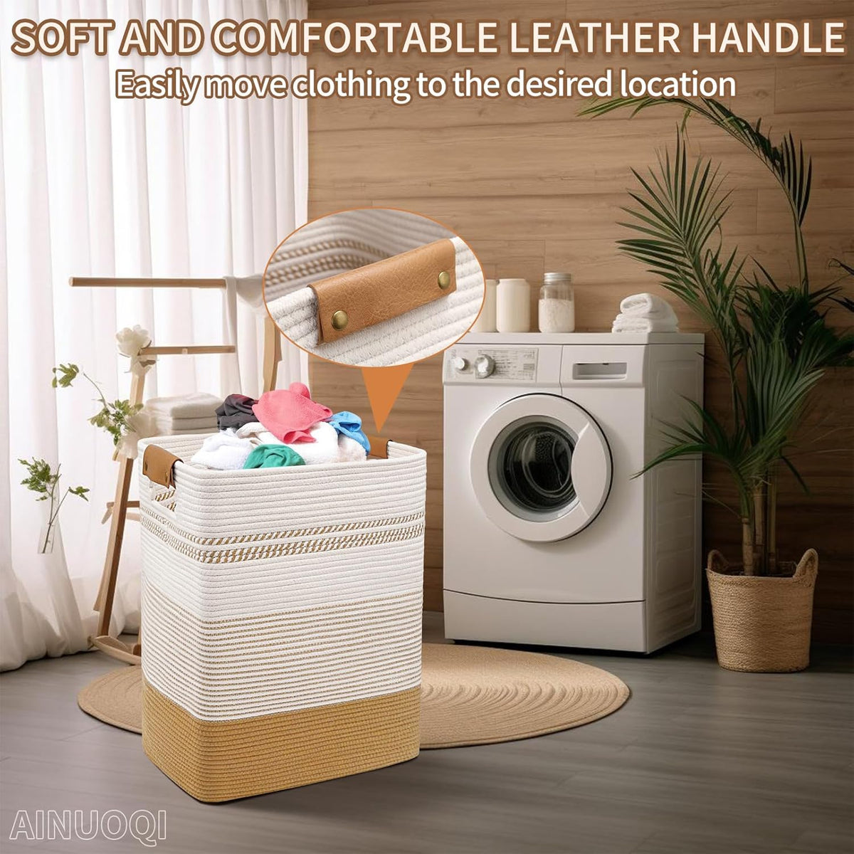 Laundry Hamper Large Laundry Basket with Leather Handles, Decorative Storage Cotton Rope Woven