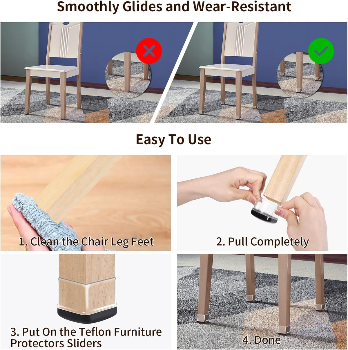 Ezprotekt 24 Pcs Clear Chair Leg Sliders for Carpet, Square Chair Glides for Rug, Teflon Furniture