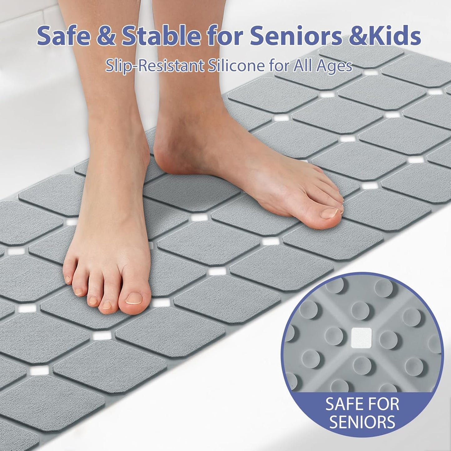 Bathtub Mat Non Slip Silicone Foldable Extra Long Tub Mat Strong Suction Cups & Large Drain Holes