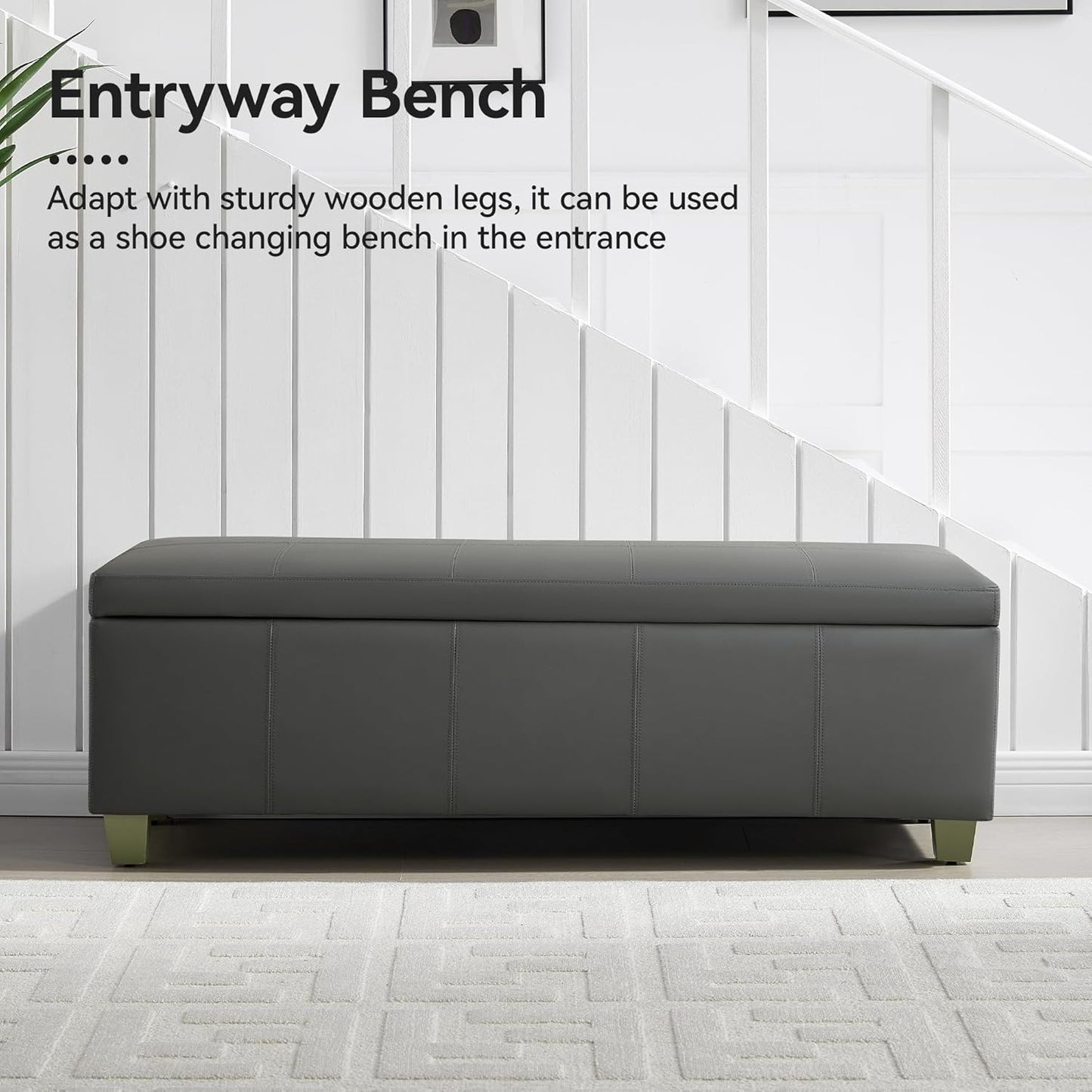 51" Faux Leather Storage Ottoman, Stitch Tufted Rectangle Upholstered End of Bed Storage Bench