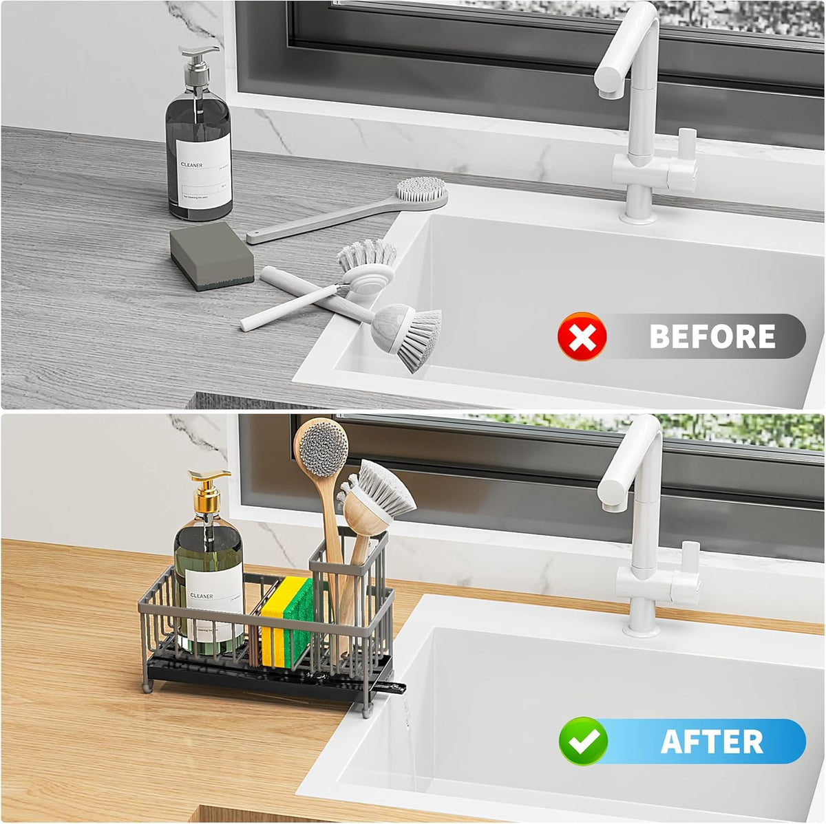 Cisily Charcoal Gray Sponge Holder for Kitchen Sink, Sink Caddy Organizer with High Brush Holder