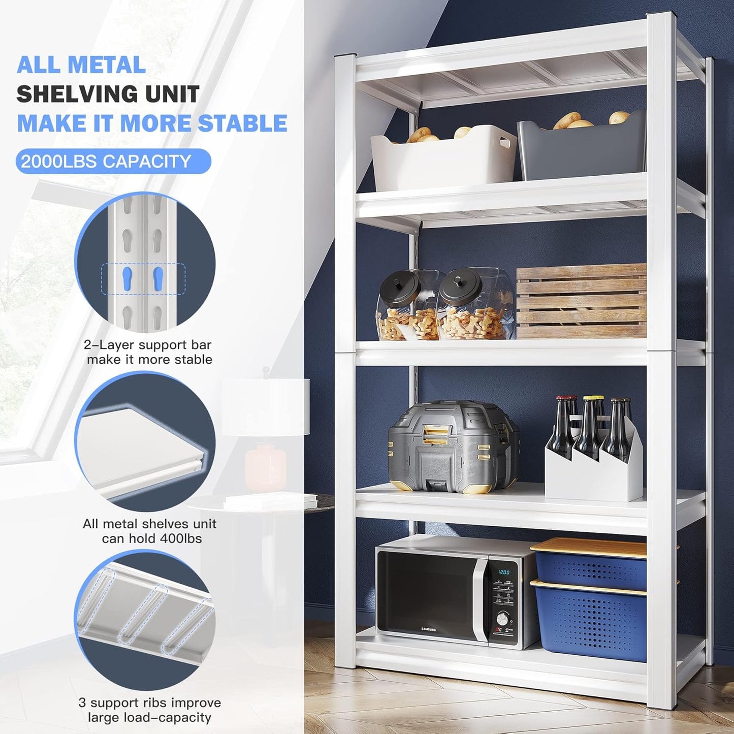 Raybee Garage Shelving Heavy Duty 2000LBS Storage Shelves Heavy Duty Shelving 5 Tier White Metal