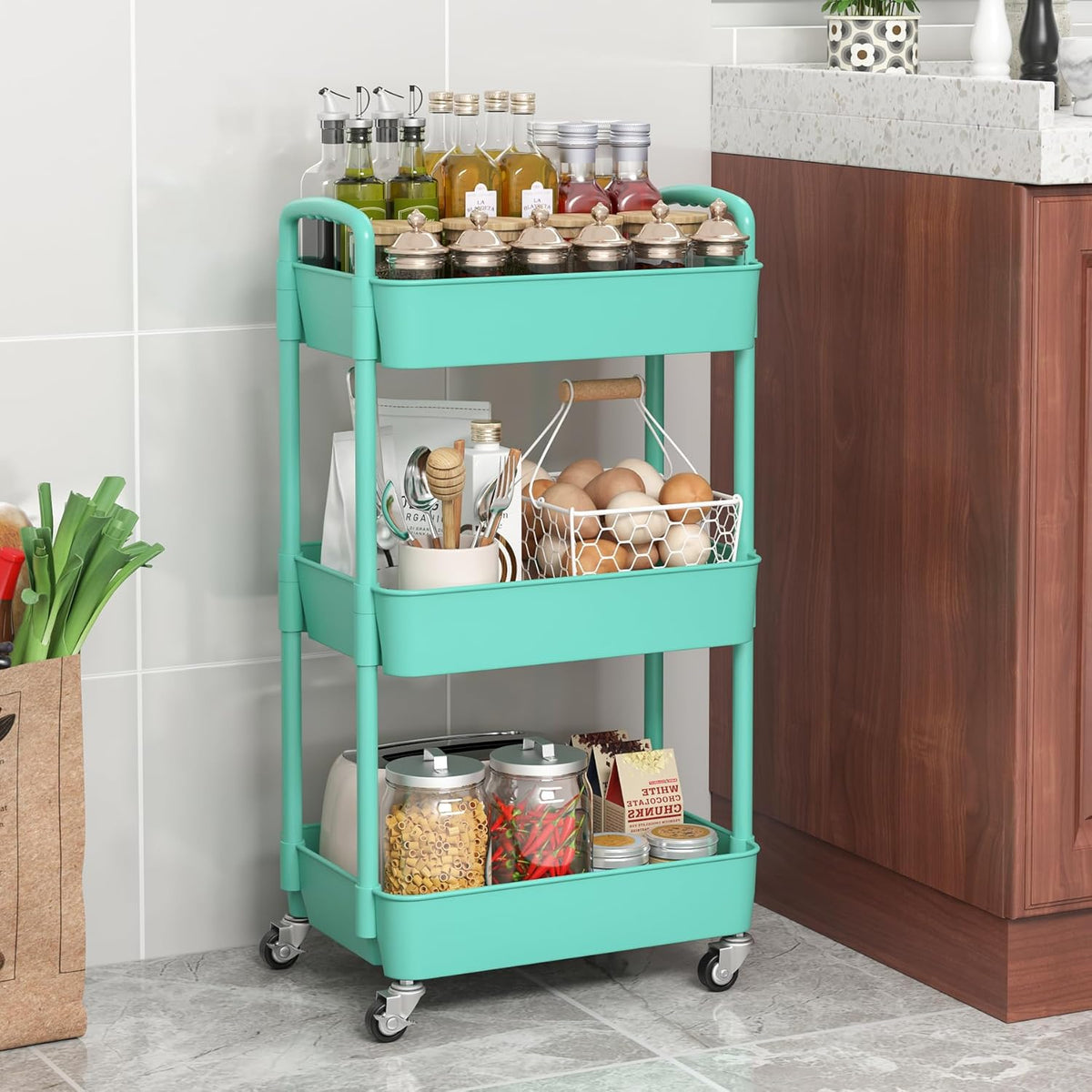 Sywhitta 3-Tier Plastic Rolling Utility Cart with Handle, Multi-Functional Storage Trolley for