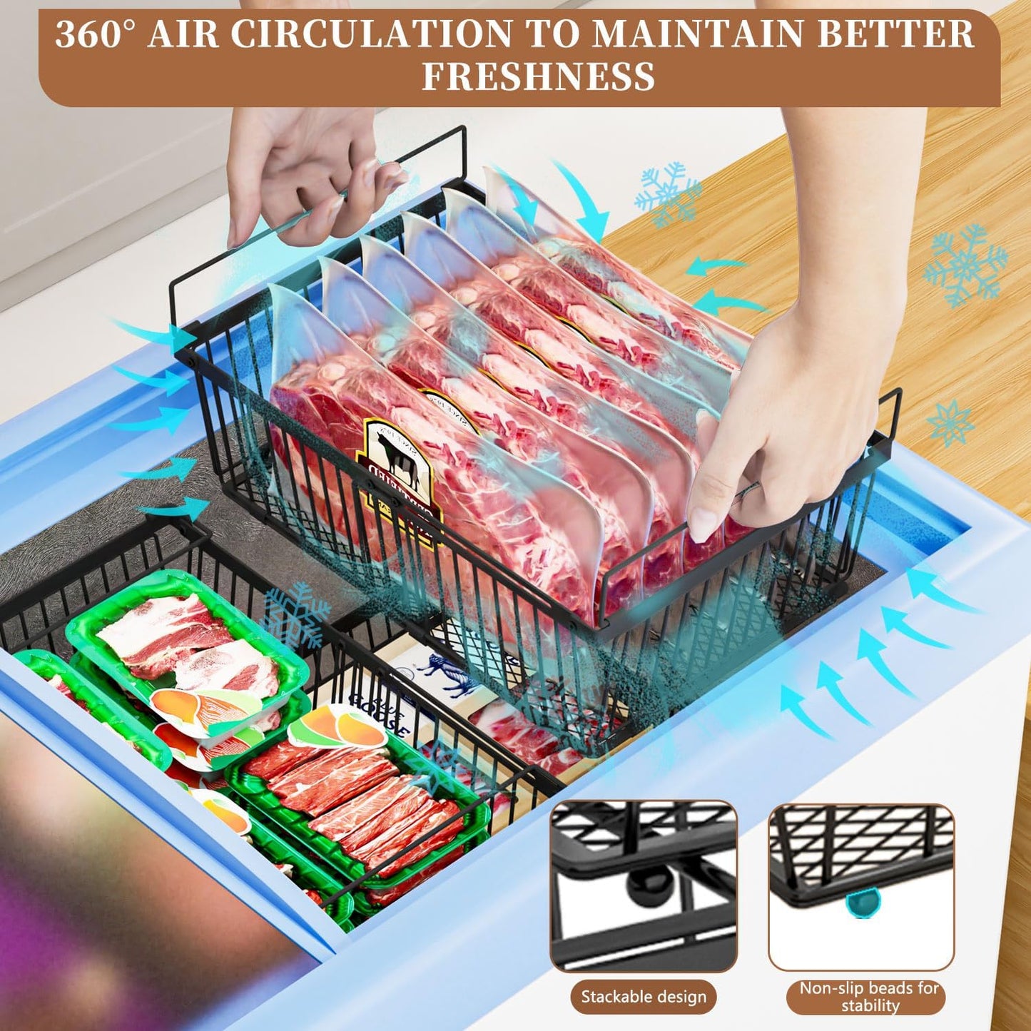 Large Freezer Organizer Bins,Upgraded Bottom Leak-Proof net,Fit 10 to 20 Cu Ft Chest Freezer,4Pack,