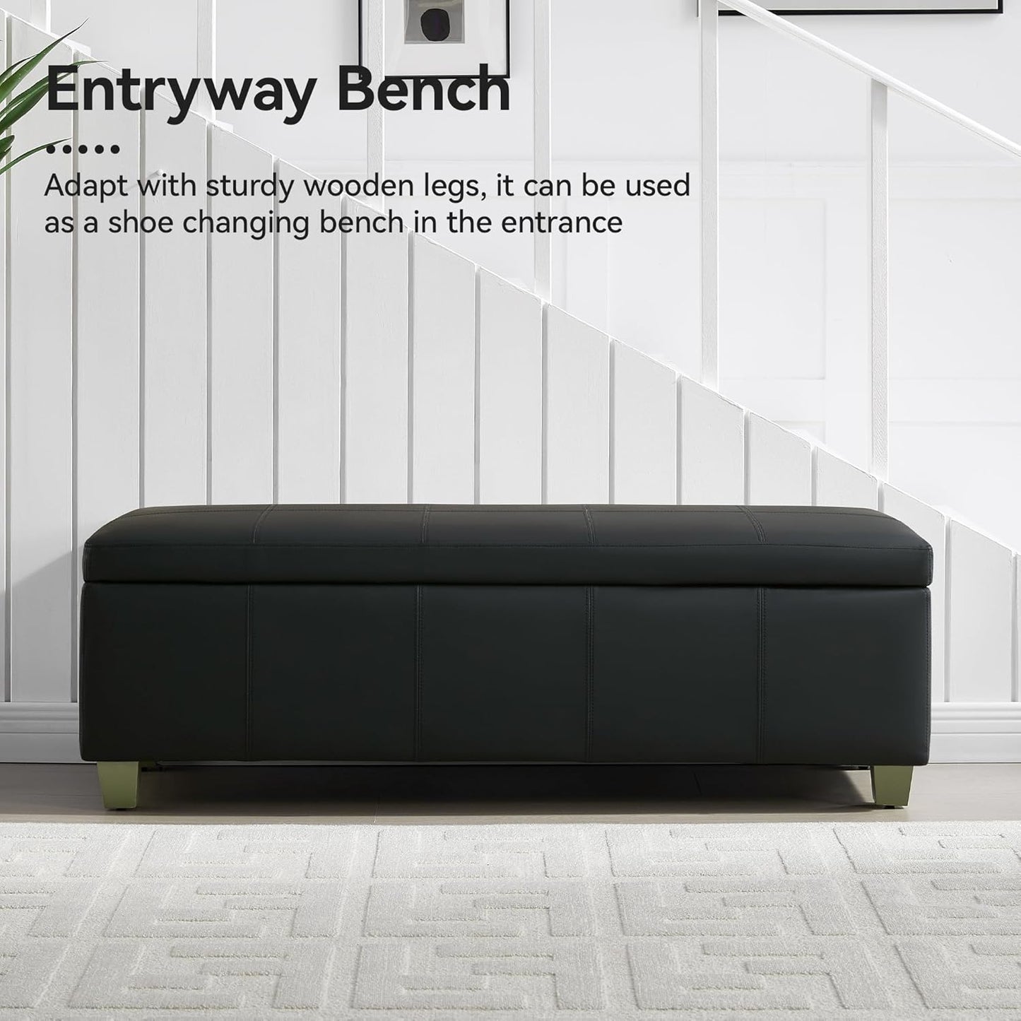 51" Faux Leather Storage Ottoman, Stitch Tufted Rectangle Upholstered End of Bed Storage Bench