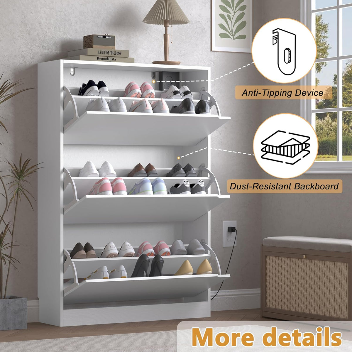 Shoe Cabinet with Odor Control and Back Panels, Deodorizing Slim 3-Flip Shoe Storage Cabinet for