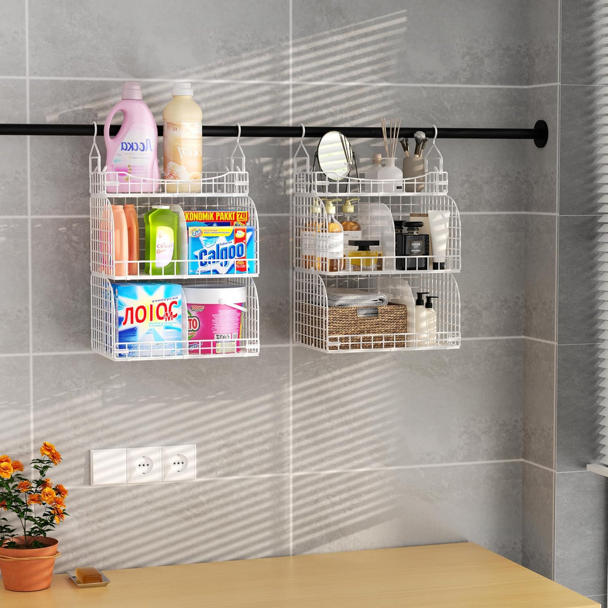 HapiRm Hanging Closet Organizer Storage - 3 Tier Metal Stackable Hanging Closet Shelves with
