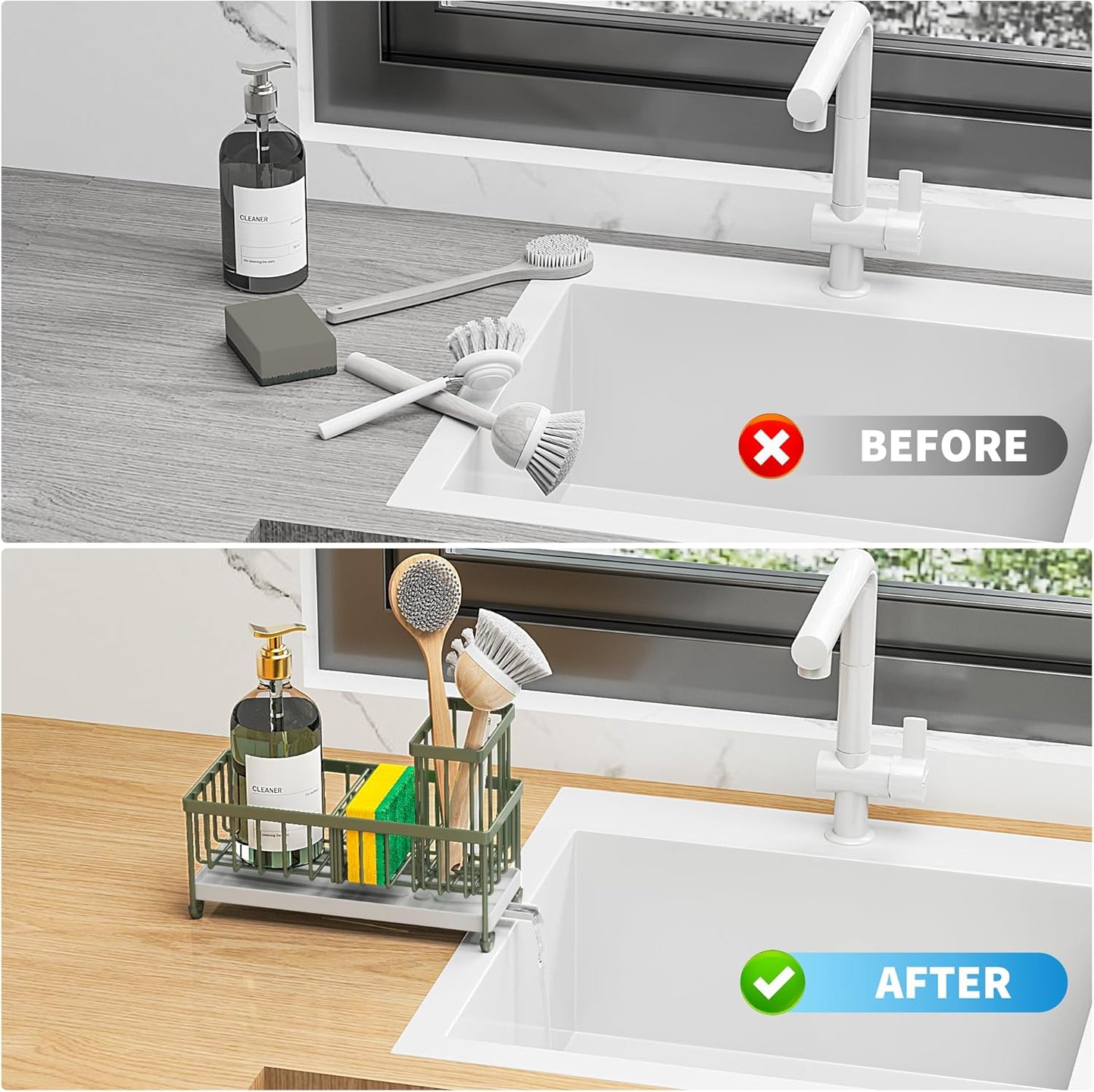 Cisily Sage Green Sponge Holder for Kitchen Sink, Sink Caddy Organizer with High Brush Holder