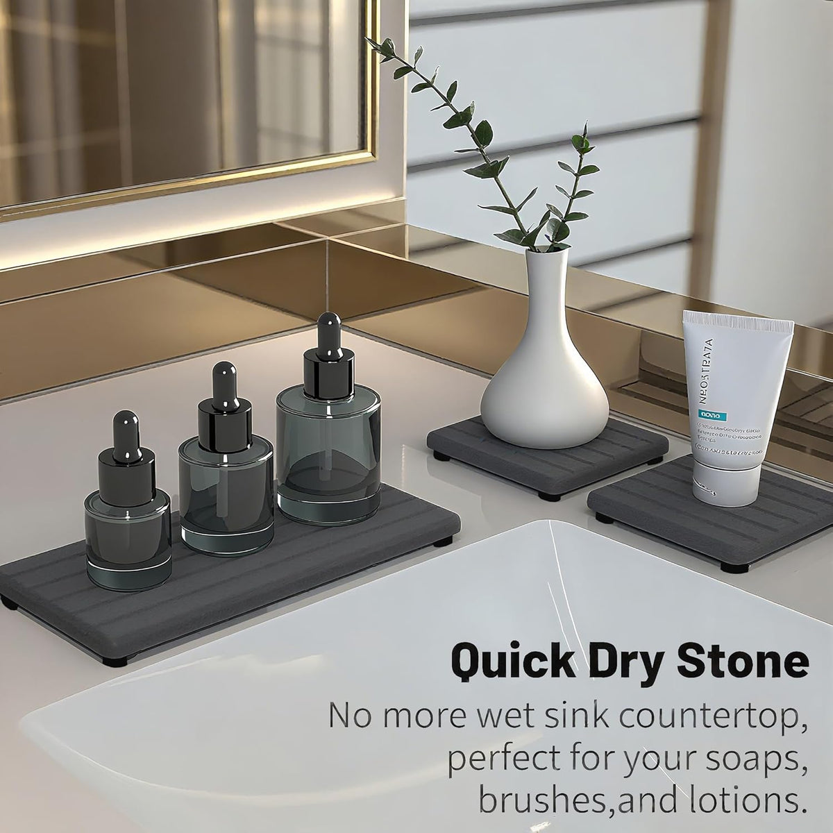 3PCS Stone Drying Tray, Stone Soap Tray, Water Absorbing Stones Trays for Sink, Fast Dry Diatomite