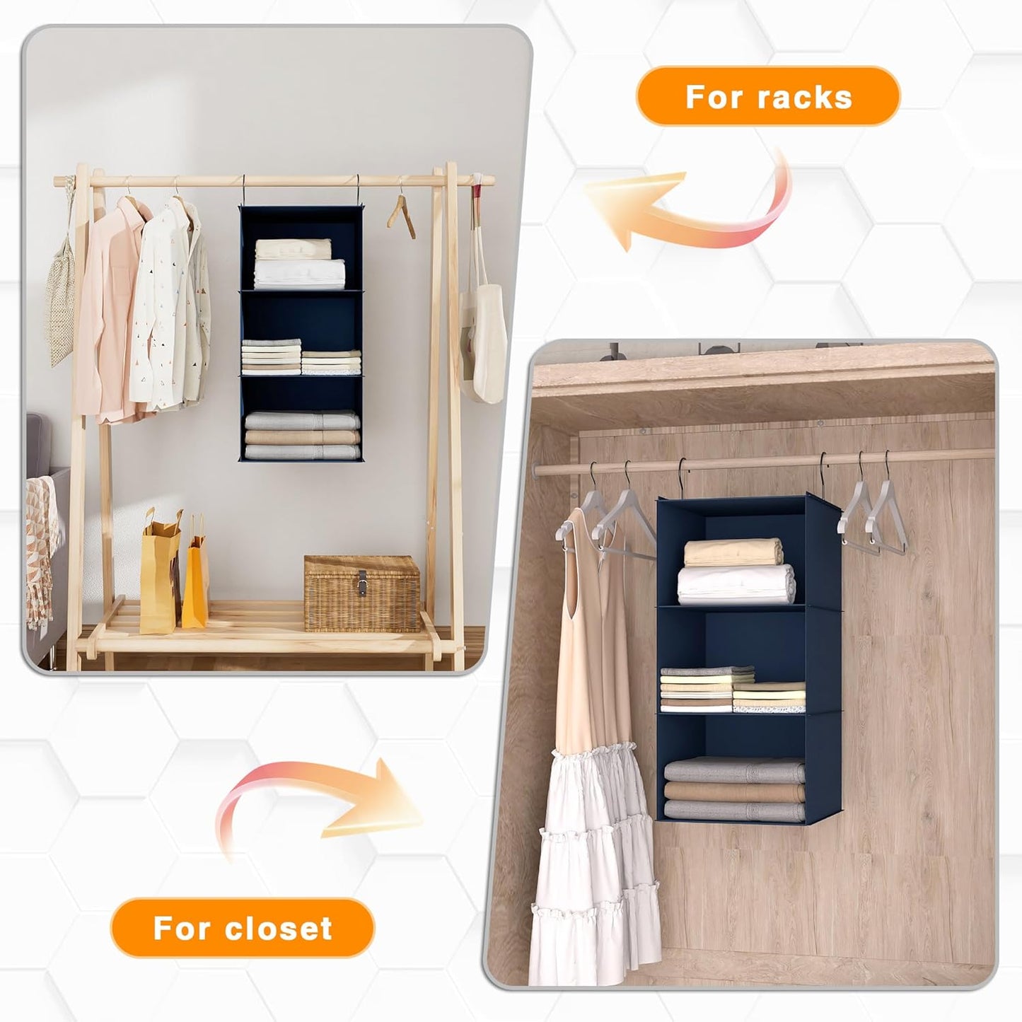 Hanging Closet Organizer - 3-Shelf, Easy Mount Foldable Wardrobe Storage Shelves for Clothes