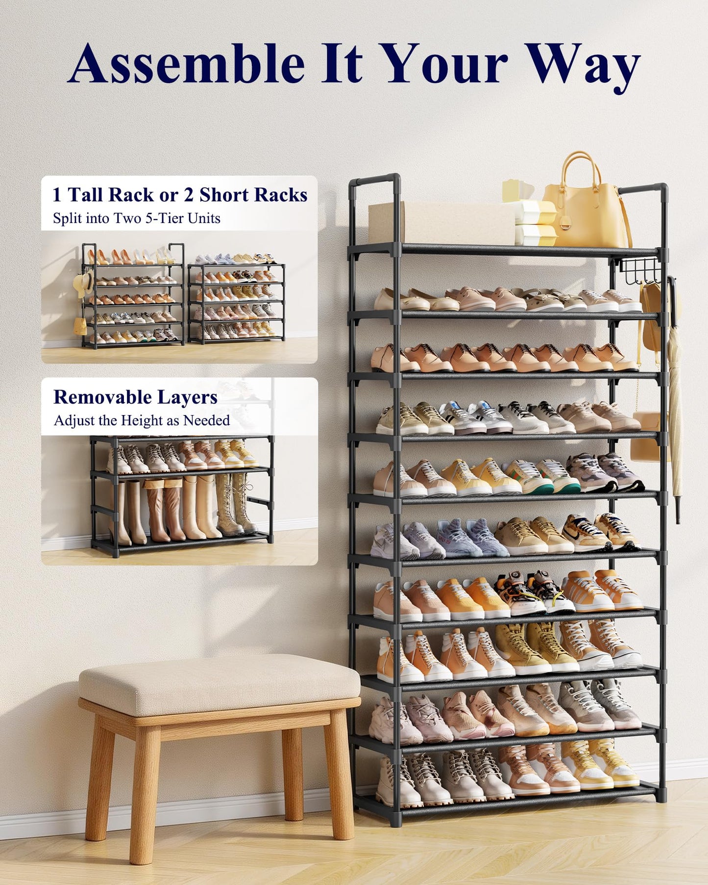 Kitsure 10 Tier Shoe Rack, Tall Shoe Organizer, 32.2" Wide, Black