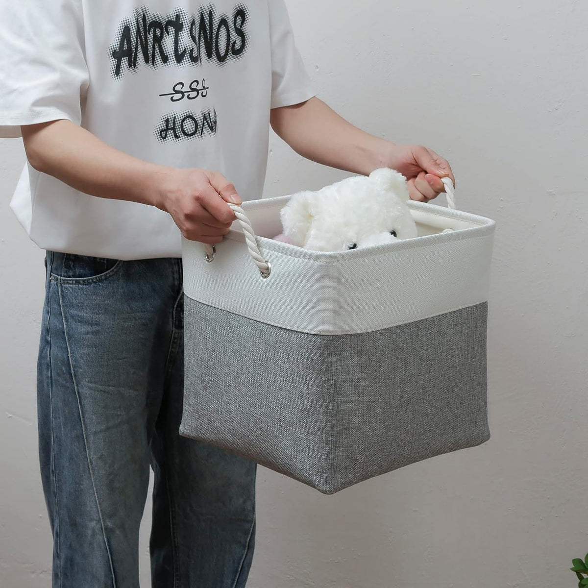 13 x 13 Inch Cube Storage Bins, 4 Pack Large Collapsible Fabric Storage Bin with Ropes, Foldable