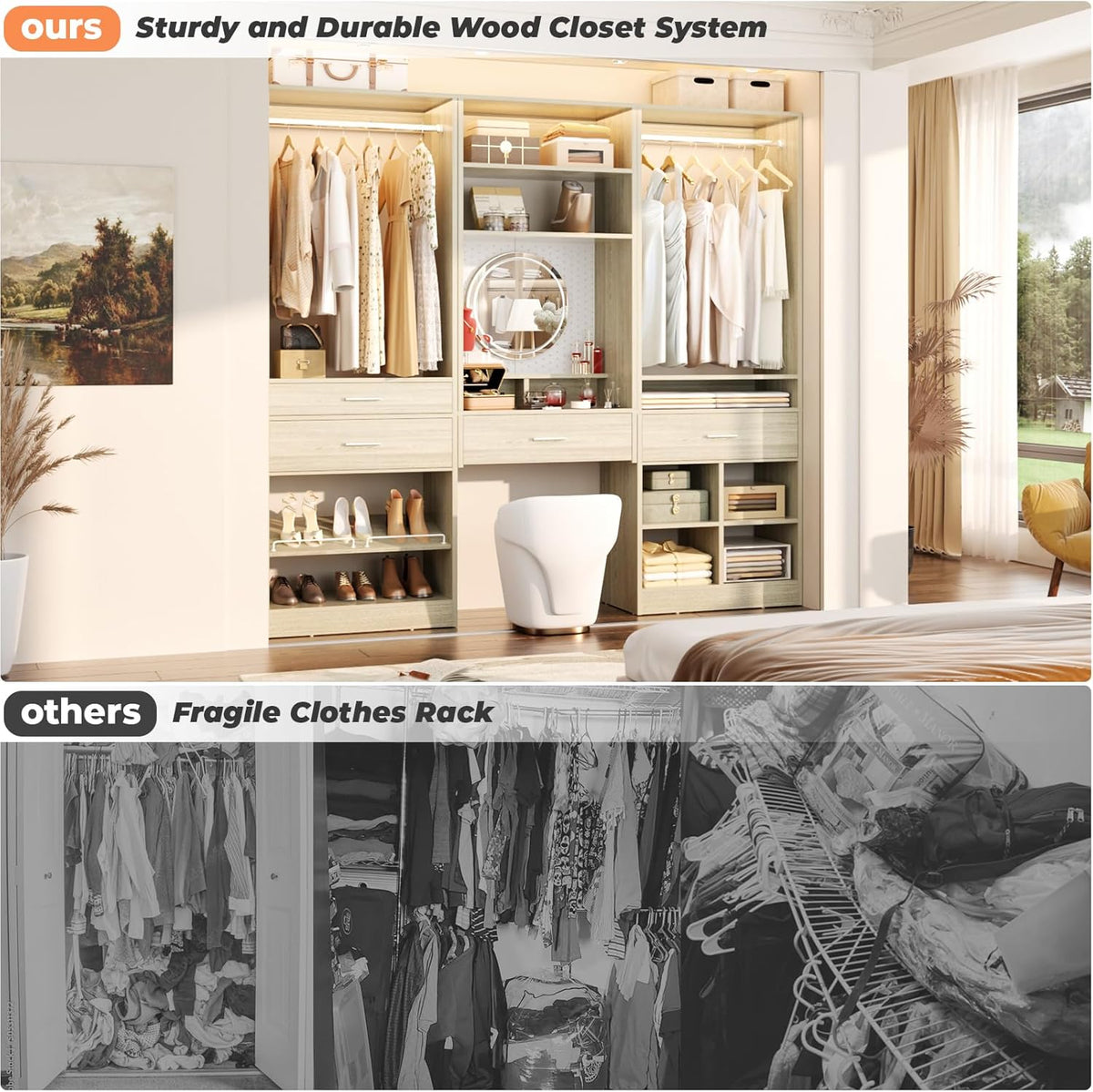 Unikito 75” Modular Closet System, Freestanding Closet Organizer with Hanging Rods, Drawers