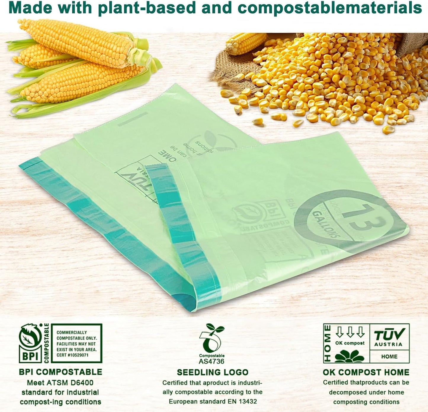 13 Gallon,50 Count, Compostable Trash Bags with Drawstring,Tear Resistant Kitchen Food Scrap Waste