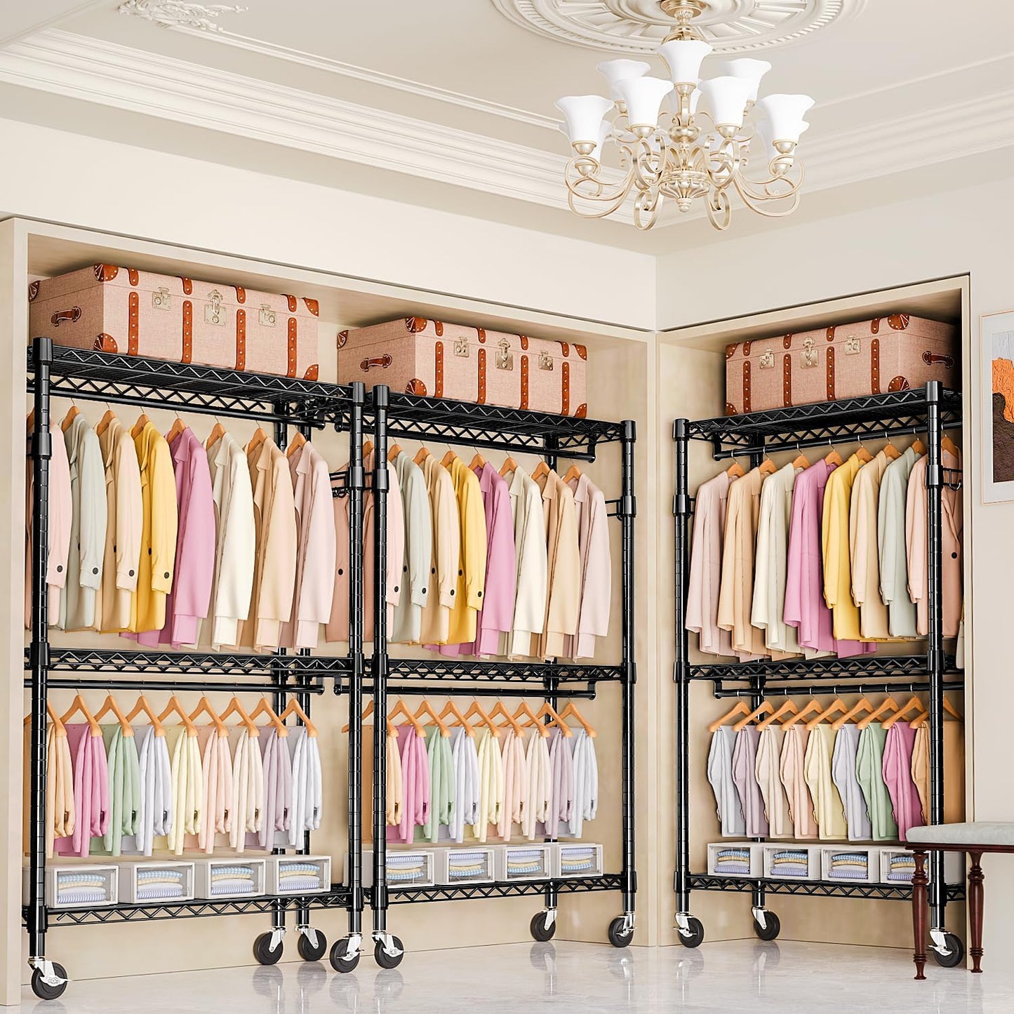 Heavy Duty Rolling Garment Rack 3 Tiers Adjustable Wire Shelving Clothes Rack with 2 Rods and Side