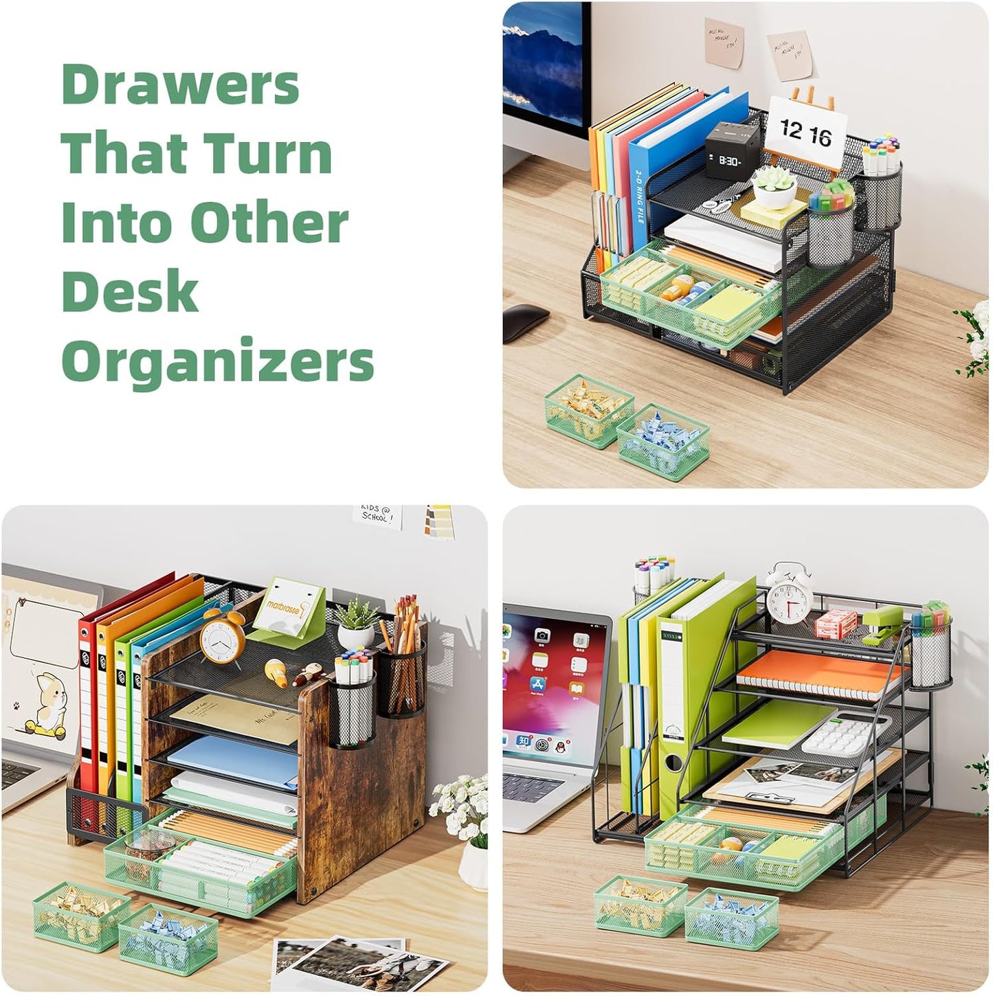 Marbrasse 3 Packs Desk Drawer Organizers, Metal Mesh Dividers with 9 Adjustable Compartments, Pen