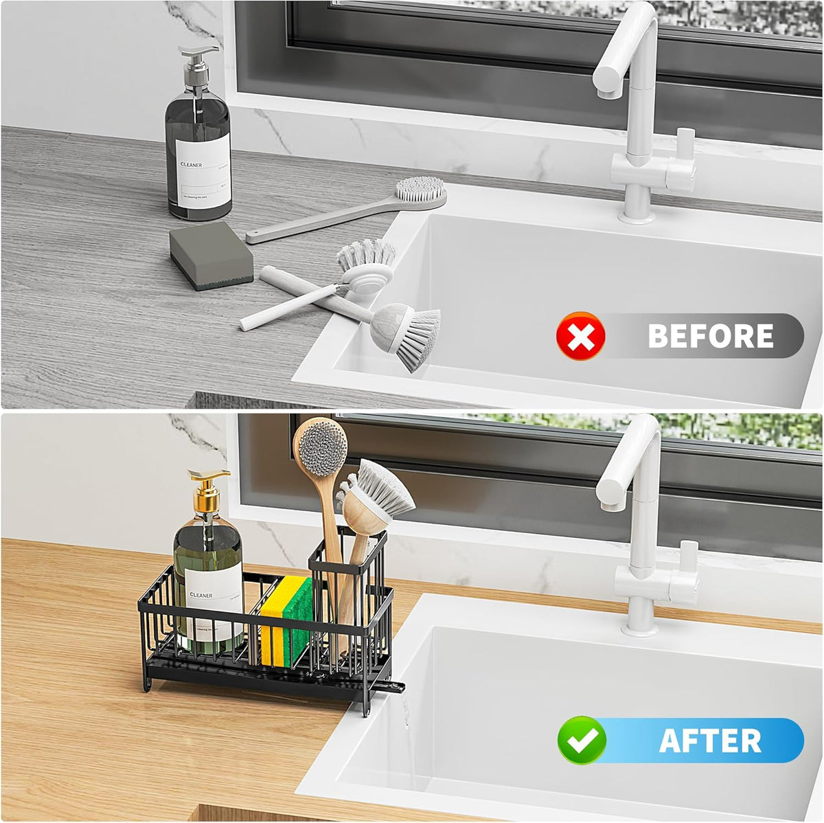 Cisily Black Sponge Holder for Kitchen Sink, Sink Caddy Organizer with High Brush Holder, Kitchen