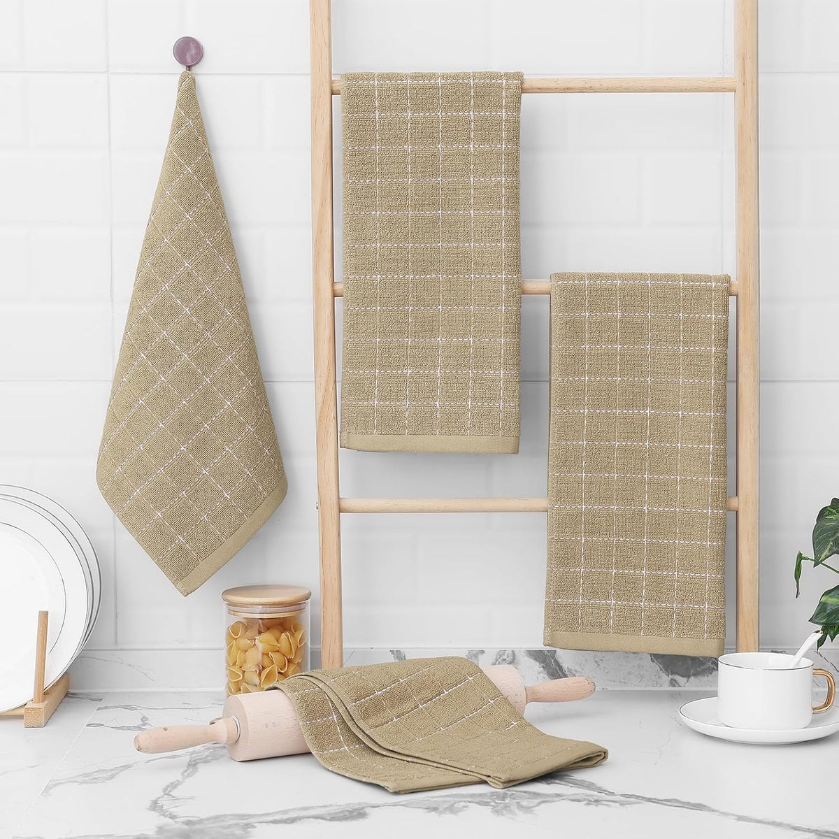 Homaxy 100% Cotton Terry Kitchen Towels(Tan, 13 x 28 inches), Checkered Designed, Soft and Super