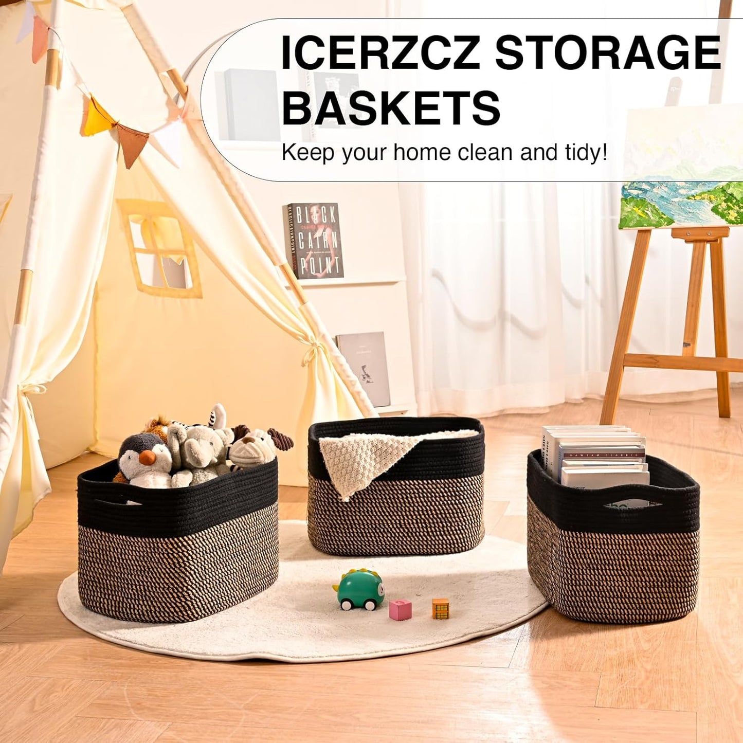 Storage Baskets for Organizing Shelves, Toy Basket for Kid's Room, Woven Cotton Rope Basket for