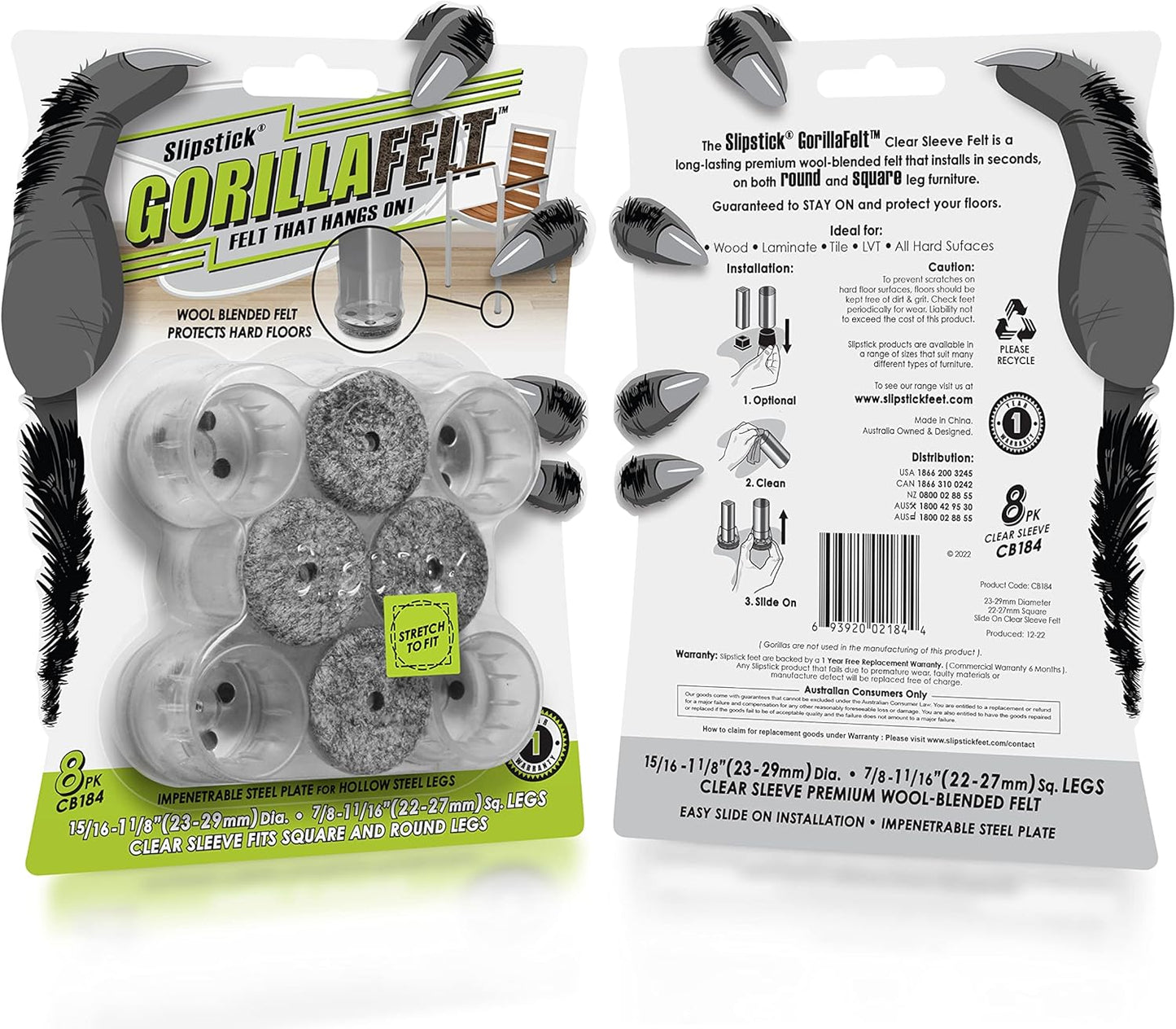 Slipstick GorillaFelt Chair Leg Floor Protectors for Hardwood Floors, Clear Sleeve Felt Pads for