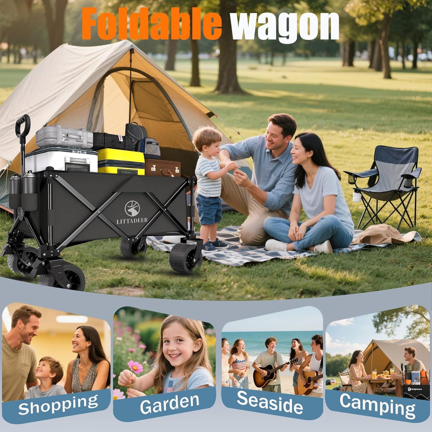 Collapsible Wagon Cart with Silent All-Terrain Wheels, Foldable Heavy Duty Beach Wagon with