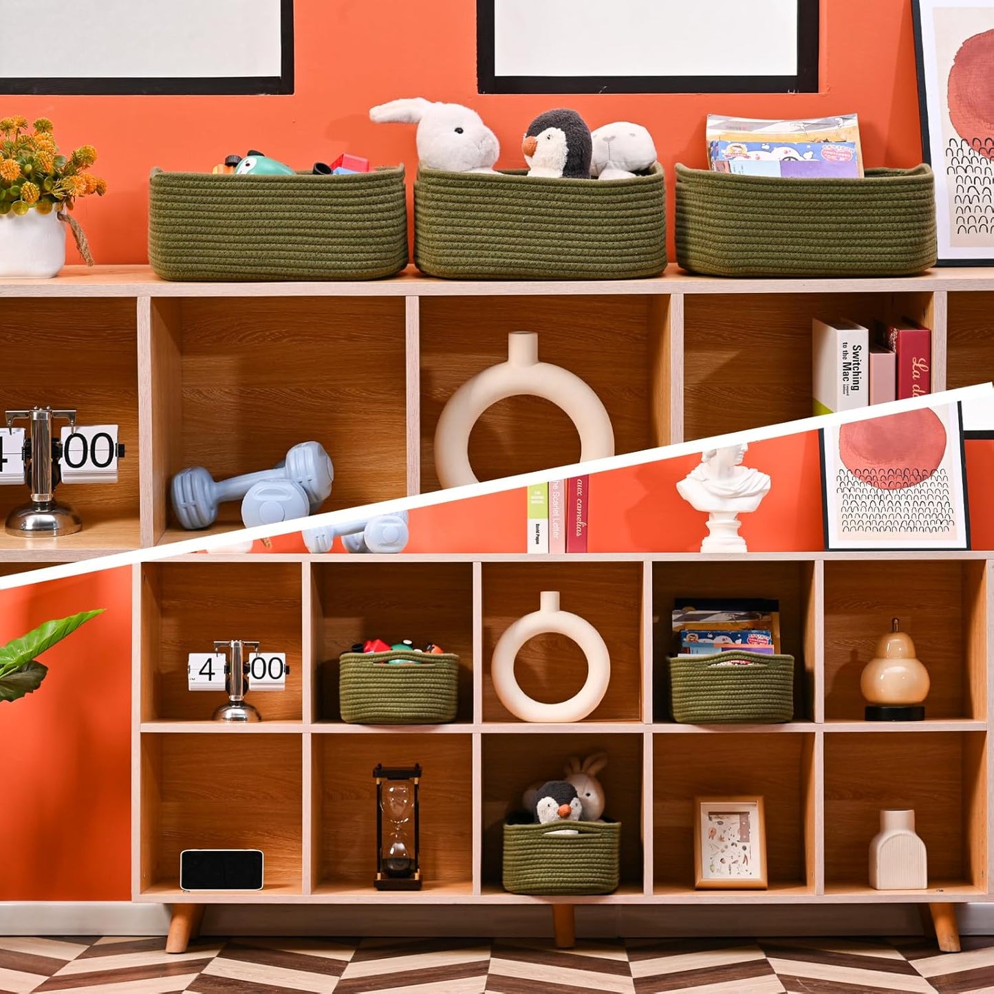 Small Green Storage Baskets for Organizing Shelves, Cute Woven Baskets for Storage, Organizer
