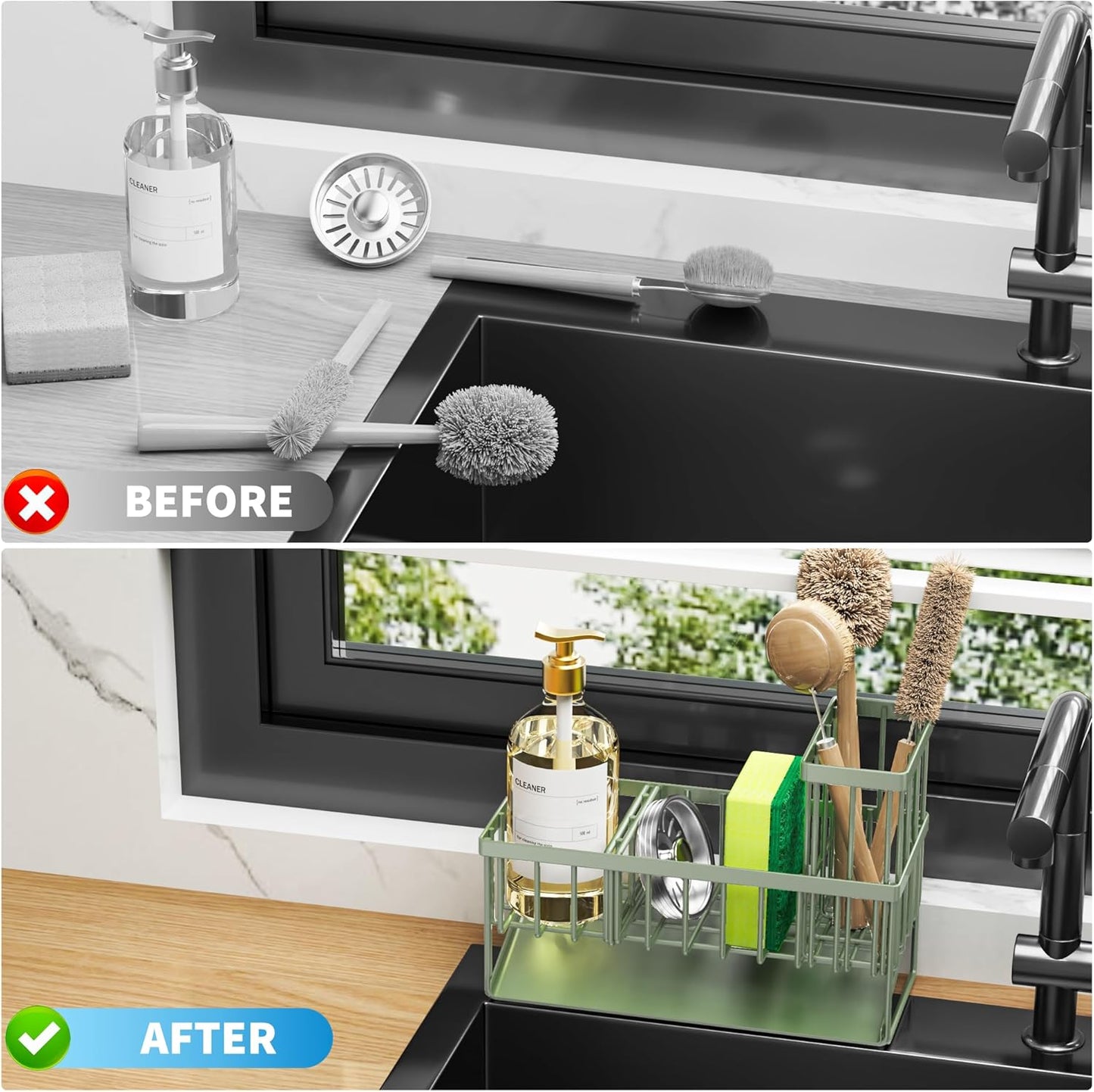Cisily Kitchen Sink Caddy - Sponge Holder and Organizer with High Brush Holder, 304 Stainless