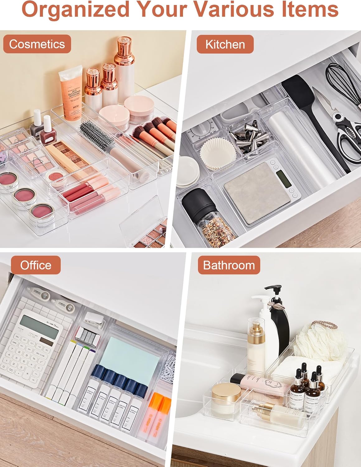 SMARTAKE 30-Piece Drawer Organizer with Non-Slip Silicone Pads, 7-Size Desk Drawer Organizer Trays