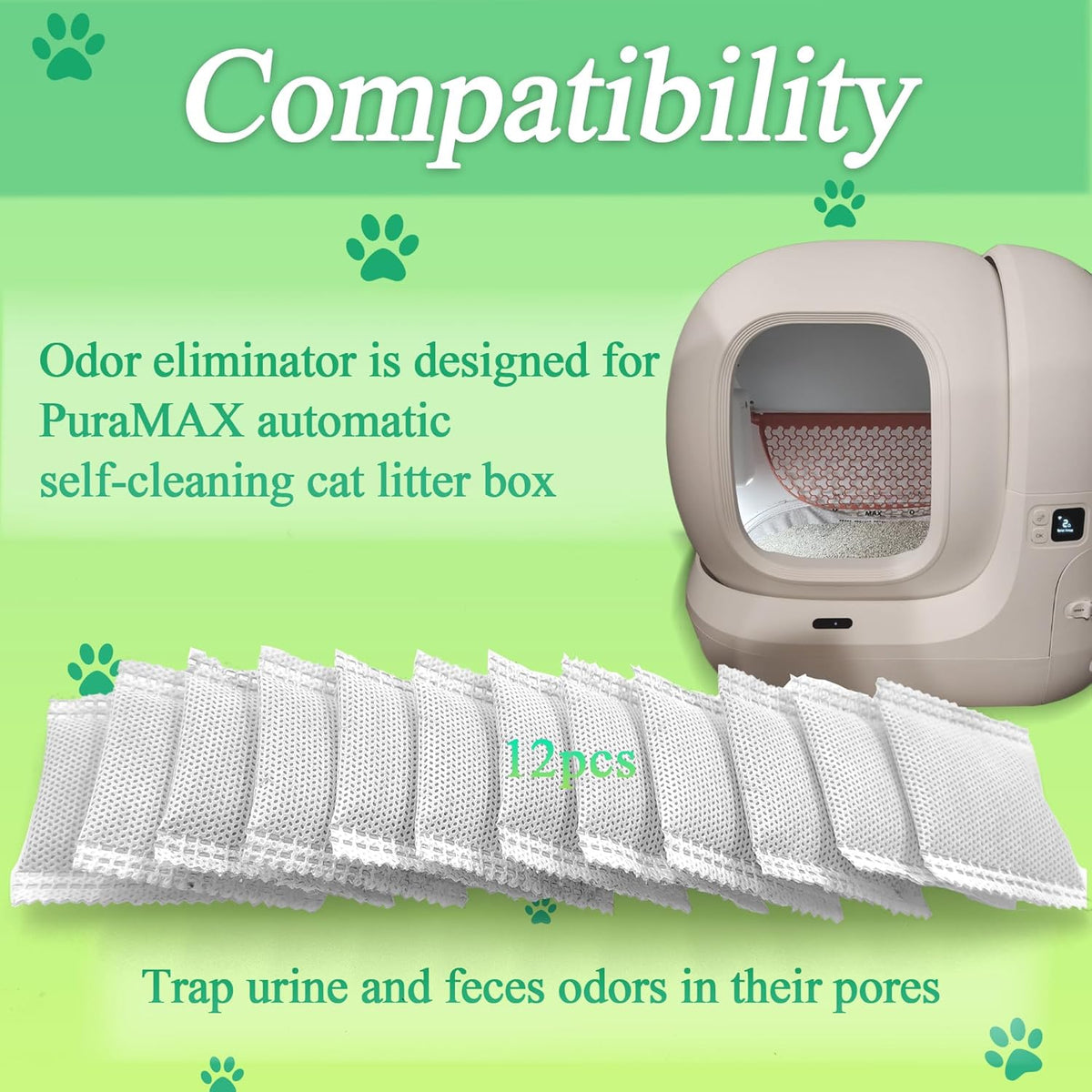 12 Pack Odor Eliminator for PuraMax Self-Cleaning Cat Litter Box, Natural Activated Charcoal