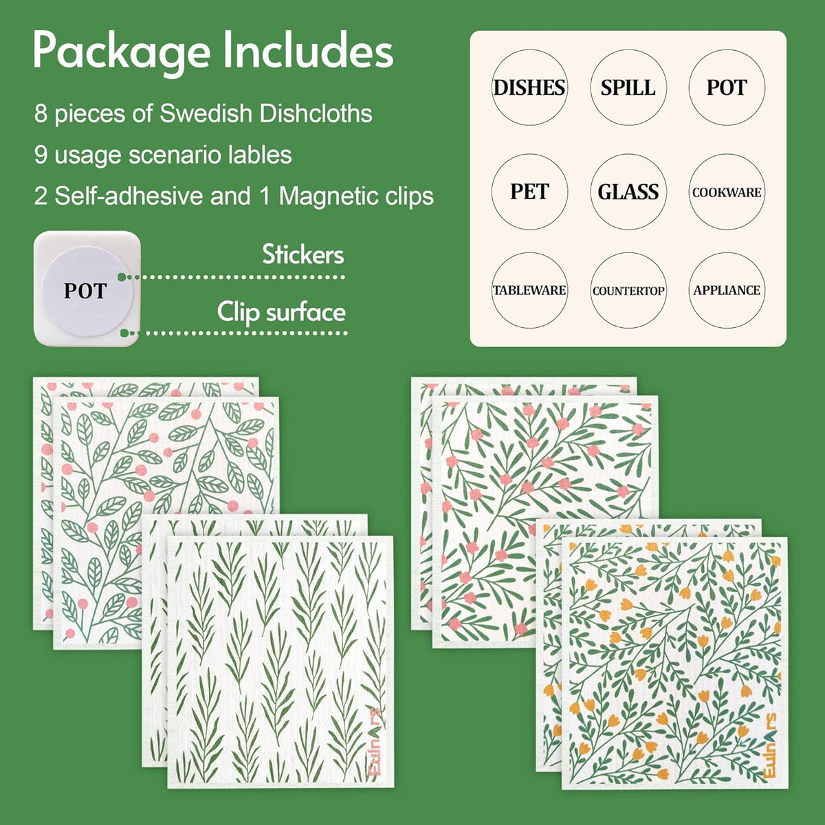 Swedish Dishcloths for Kitchen, 8 Pack Green Reusable Paper Towels with Clips, Non-Scratch Swedish