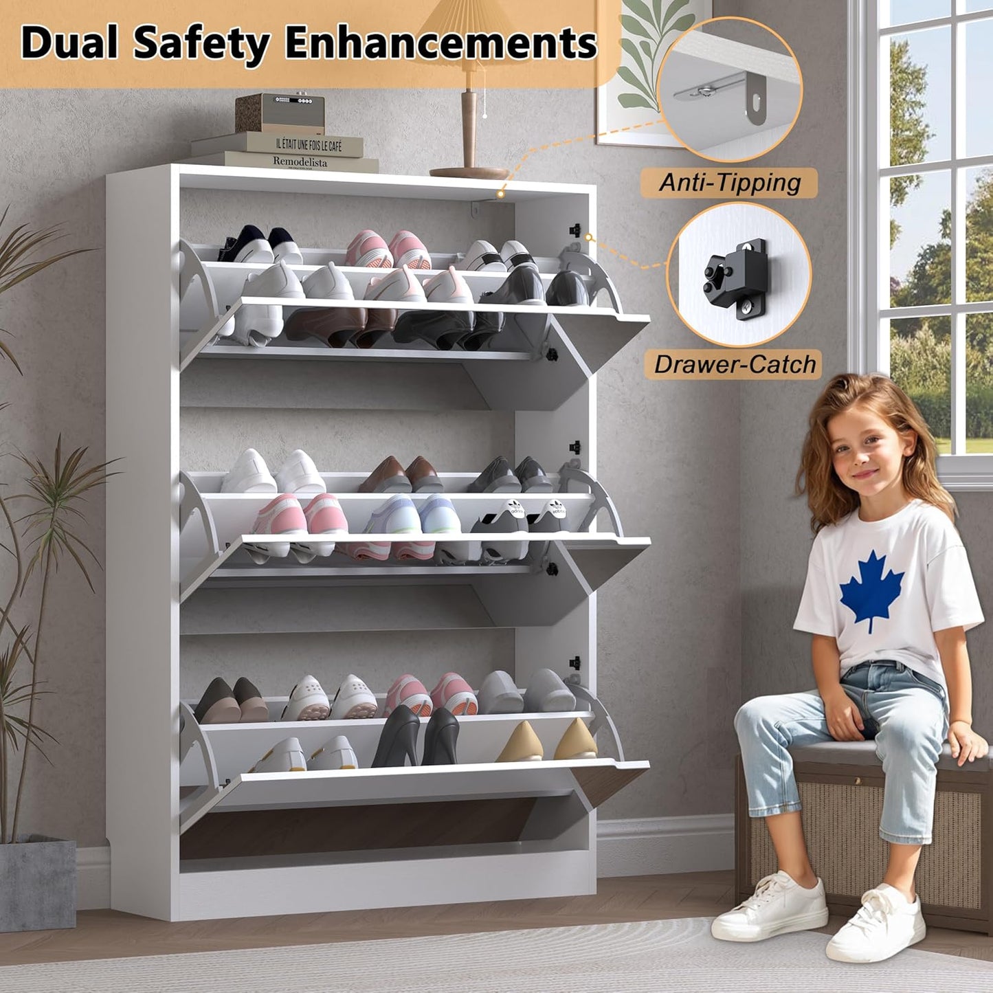 Shoe Cabinet with 3-Flip Mirror Drawers, Freestanding Shoe Rack Organizer with Hidden Handle, Slim