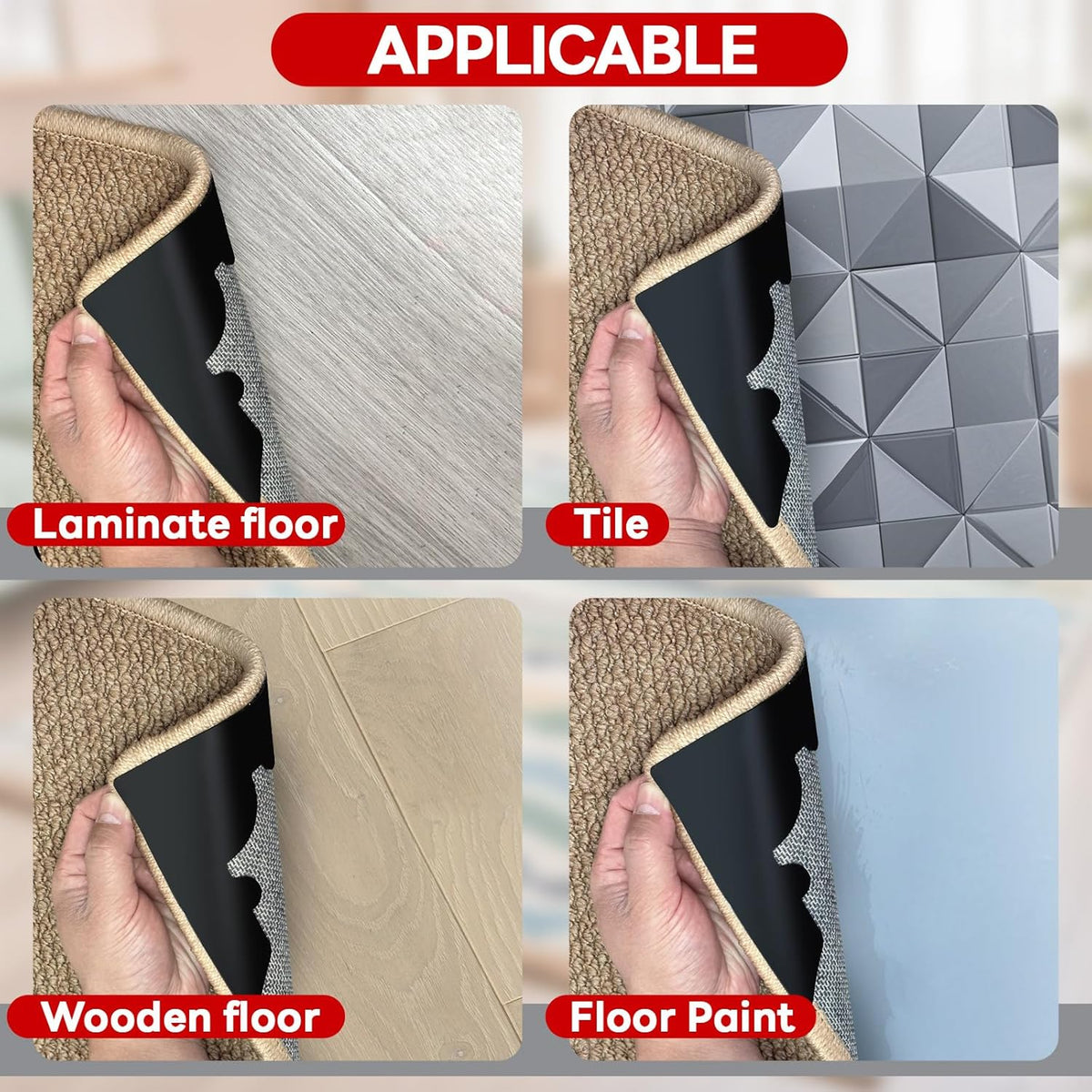 Rug Non Slip Grippers, Reusable Keep Rug Corner Down Tape Pads for Hardwood Floors, Strong Carpet