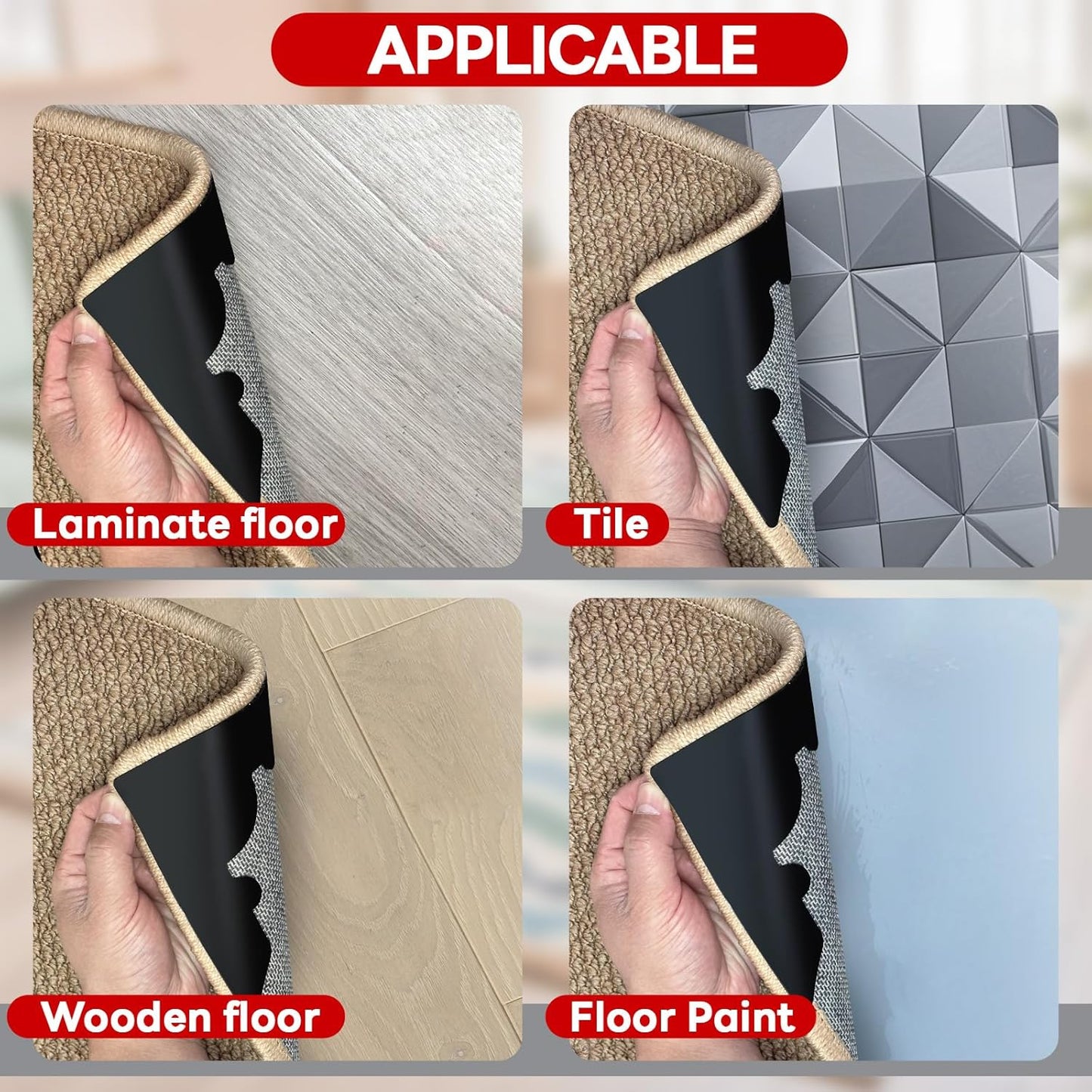 Rug Non Slip Grippers, Reusable Rug Tape Pads for Hardwood Floors, Strong Carpet Gripper for Area