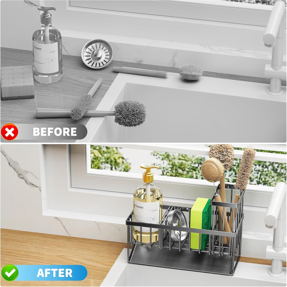 Cisily Kitchen Sink Caddy Organzier with High Brush Holder, Sponge Holder for Sink, 304 Rustproof