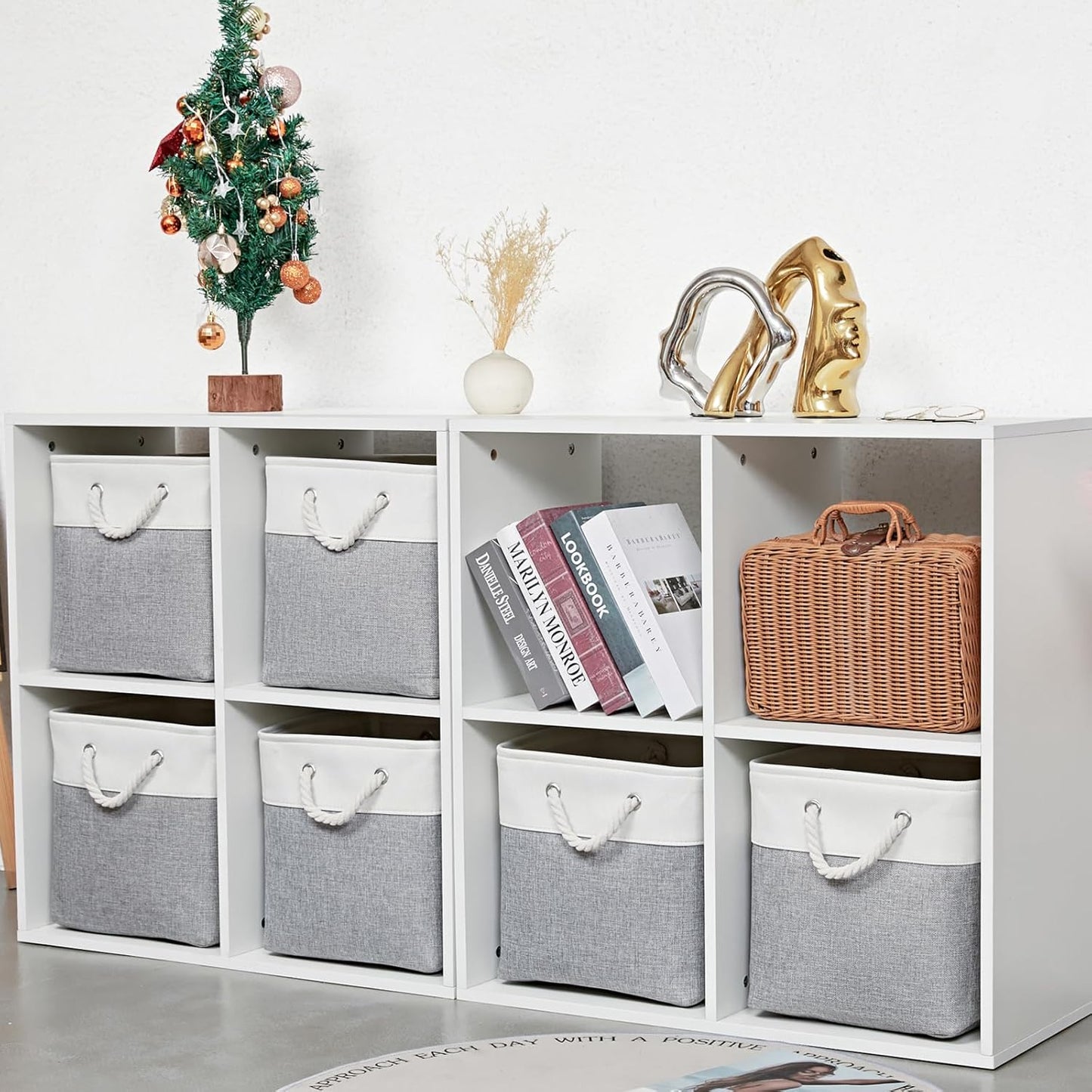 12 x 12 Inch Cube Storage Bins, 6 Pack Large Collapsible Fabric Storage Bin with Ropes, Foldable