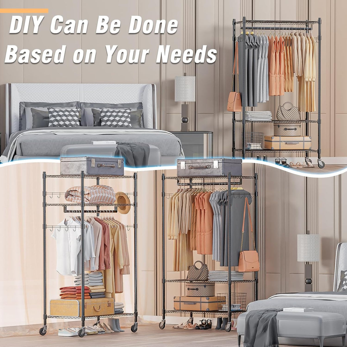 Homdox Heavy Duty Clothing Rack with 3 Tier Adjustable Wire Shelves, Garment Racks for Hanging