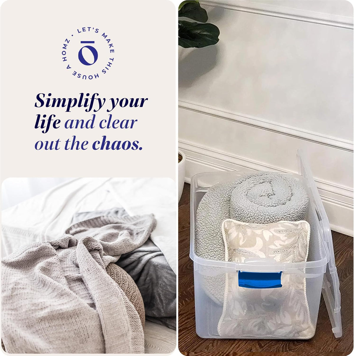 HOMZ 2-Pack Latching Lid, Large Clear Plastic Storage Bins with Lids, 66 Quart, Blue Latch