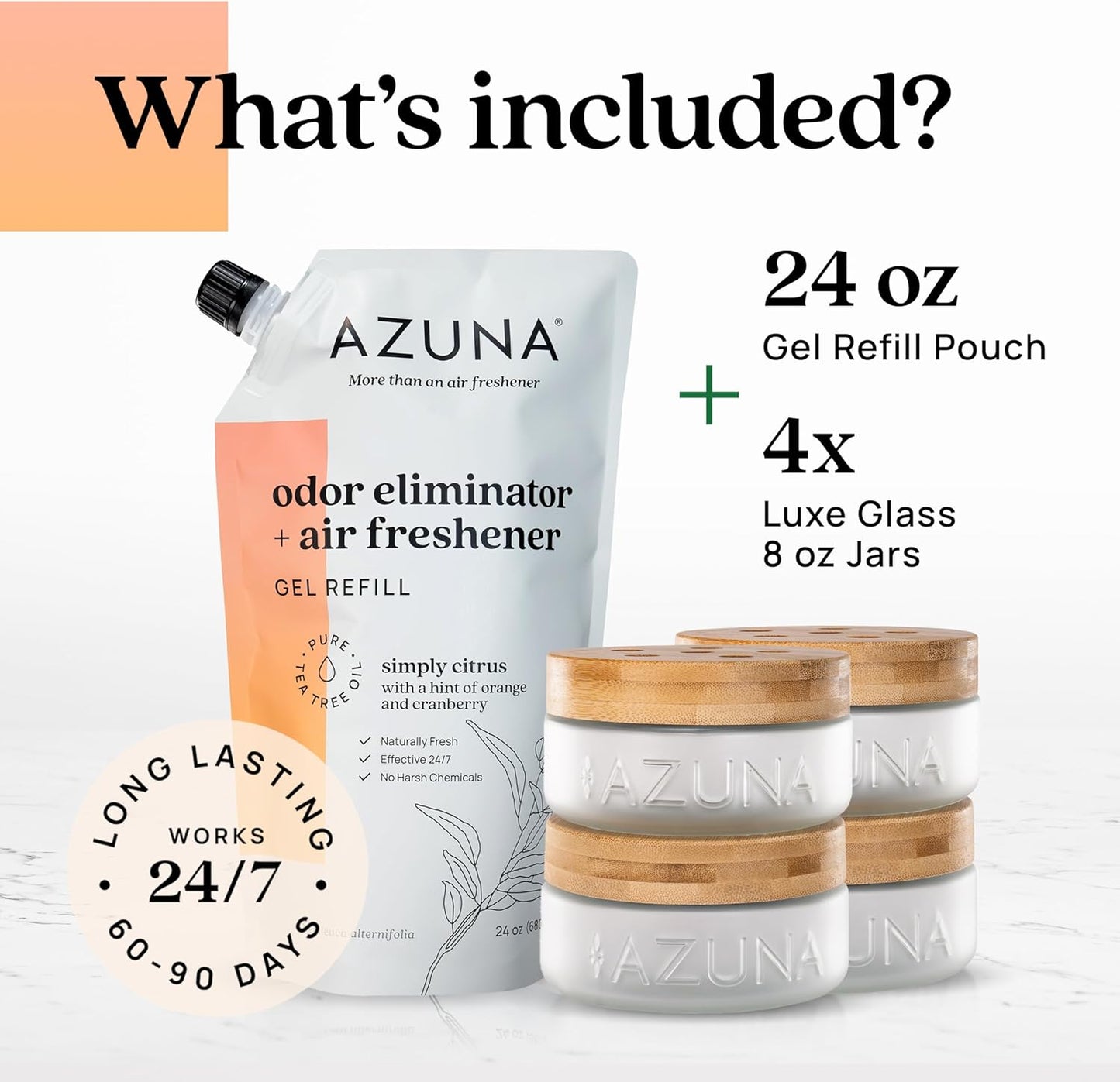 Azuna Air Freshener & Odor Eliminator for Strong Odor | 4 Room Kit Includes (4) Empty Luxe Glass