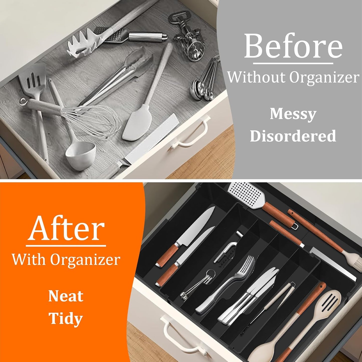 Expandable Large Silverware Organizer - BPA-Free Food-Safe Utensil Drawer Organizer Adjustable