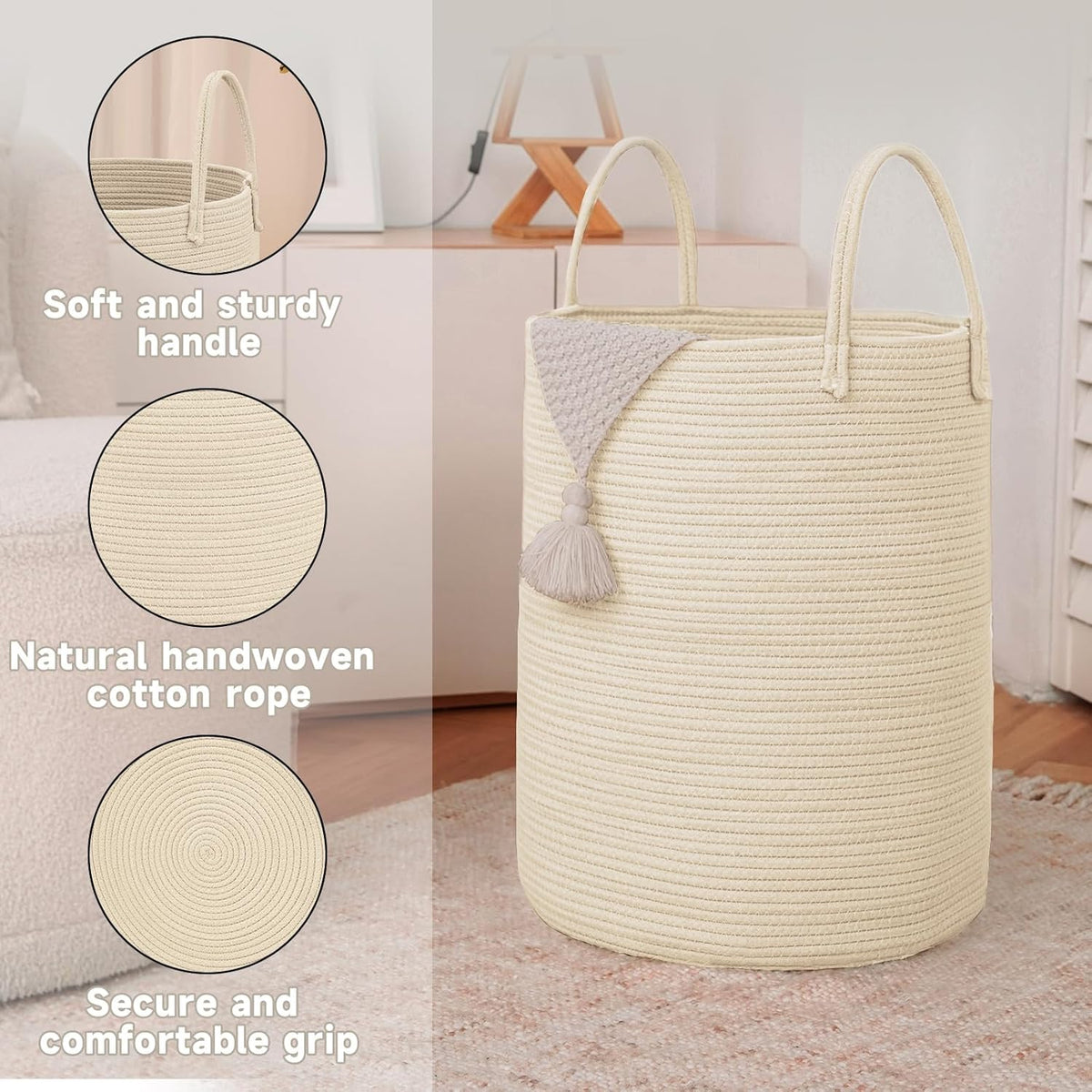 Large Woven Laundry Basket Hamper,80L Cotton Rope Storage Bin for Blankets,Toys and