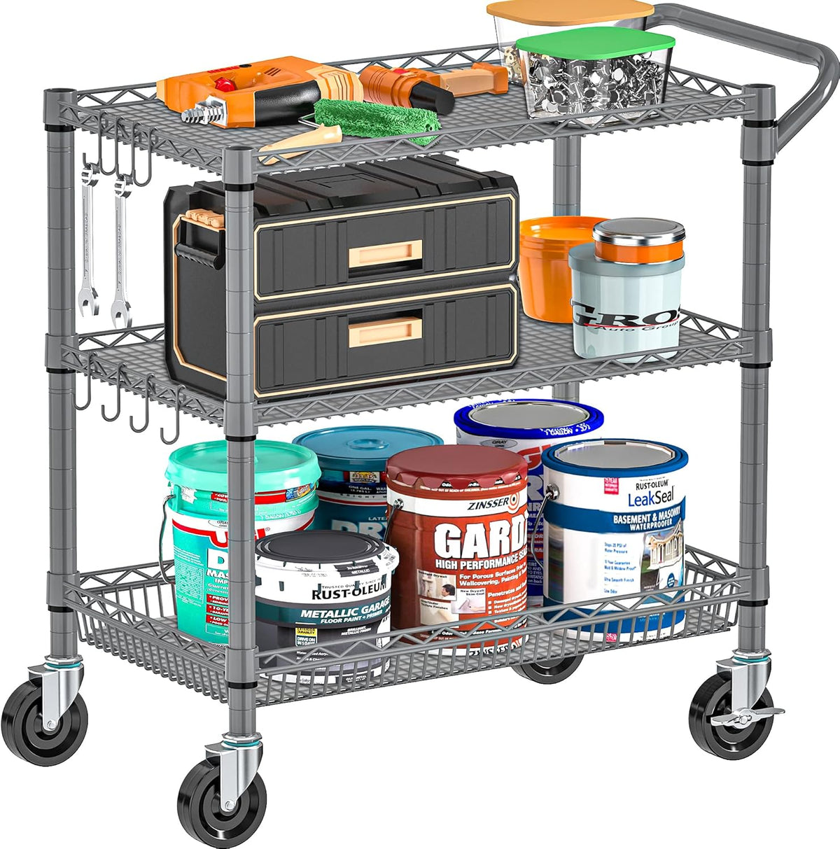 Metal Heavy Duty Carts with Wheels 1050lbs, 3 Tier Rolling Utility Cart with Storage, Steel Wire