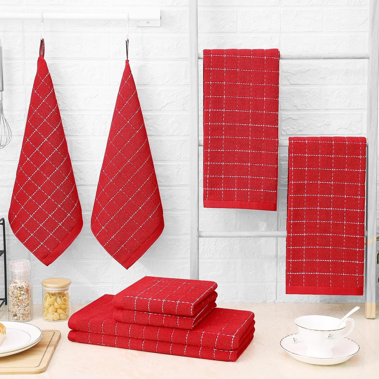 Homaxy 100% Cotton Terry Kitchen Towels(Red, 13 x 28 inches), Checkered Designed, Soft and Super