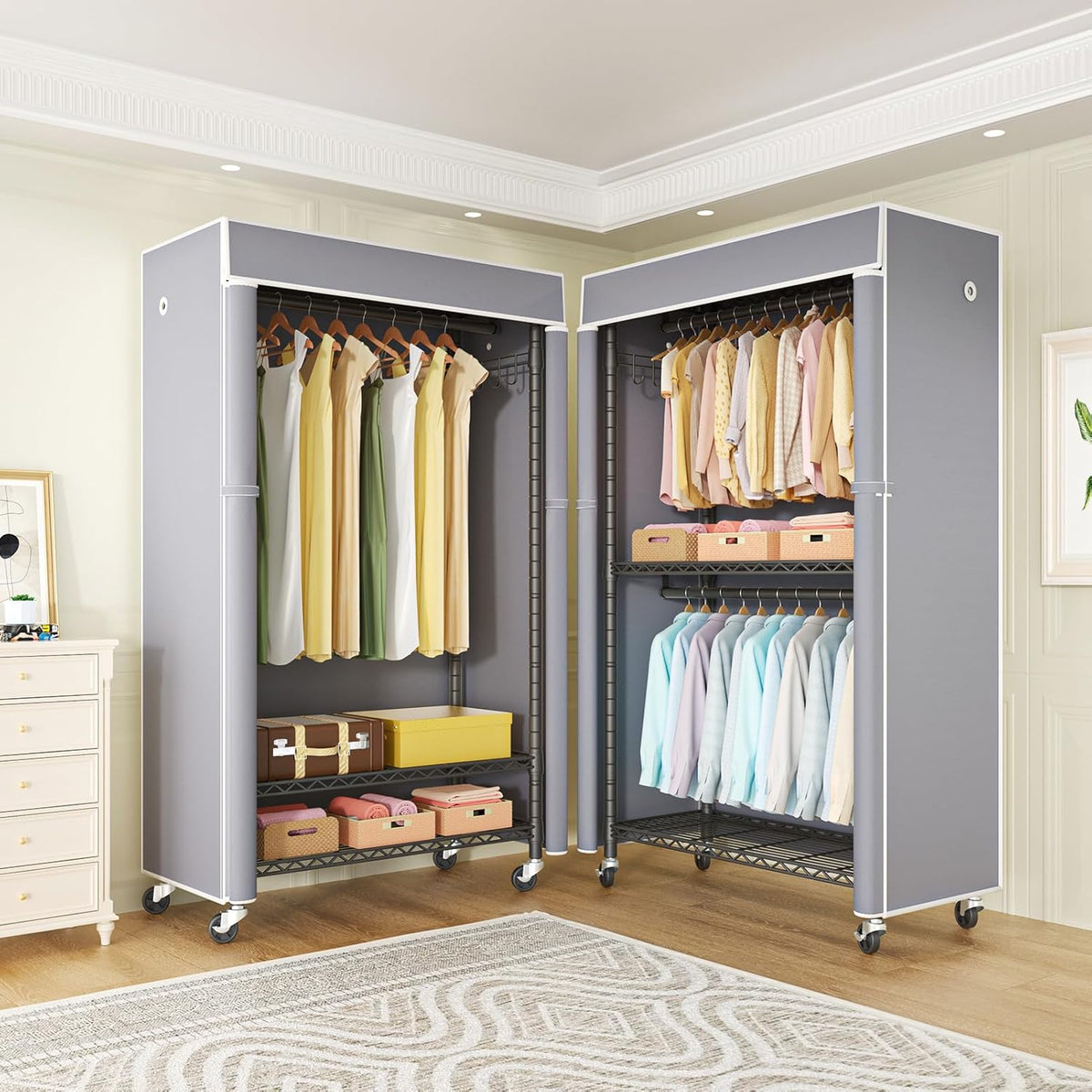 FUTASSI Black Clothing Rack with Grey Cover, P1C Rolling Closets with Wheels, Metal Garment Rack