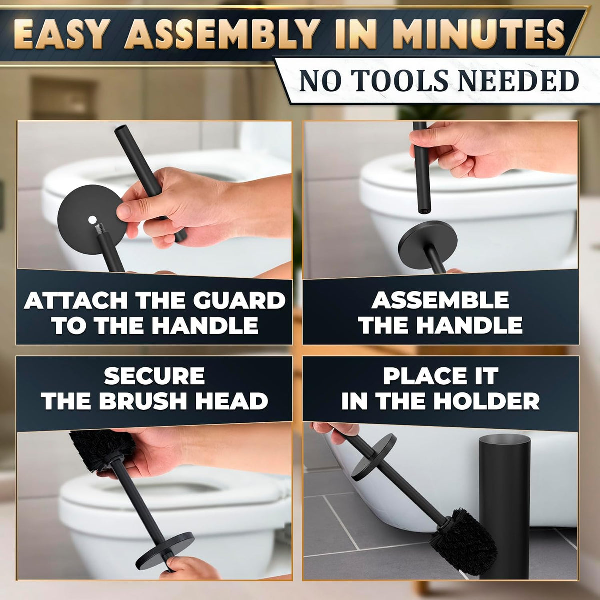 Black Toilet Brush and Holder Set - Scratch Resistant Black Toilet Bowl Brush and Holder with Soft