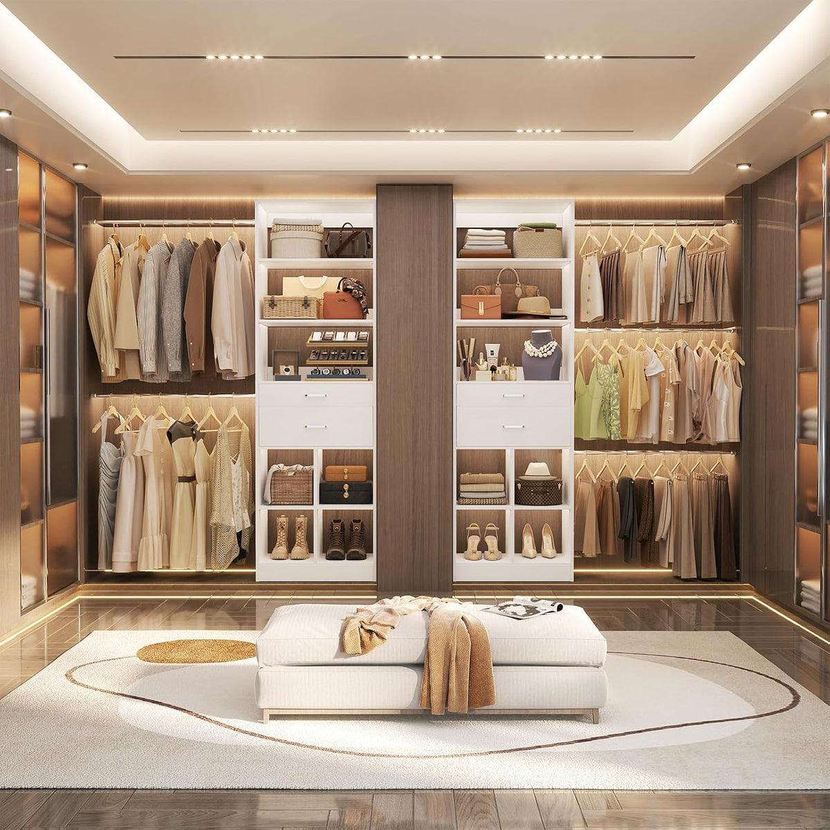 Closet System, 4-8 FT Closet Organizer Tower with 2 Wooden Drawers and Shelves, Can Fit 60 to 96