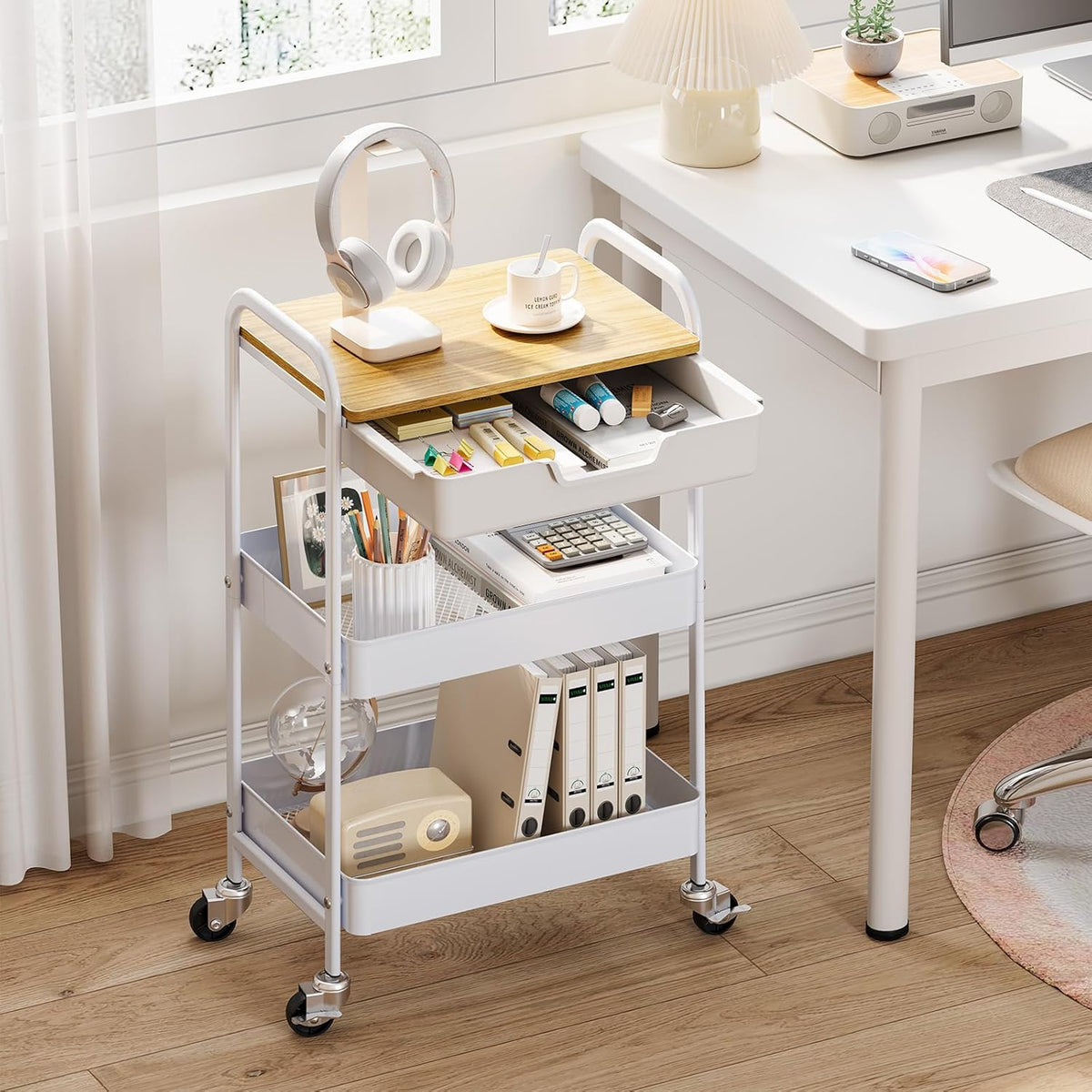 TOOLF 3-Tier Metal Utility Rolling Cart with Drawer and Wooden Table Top, Storage Cart White