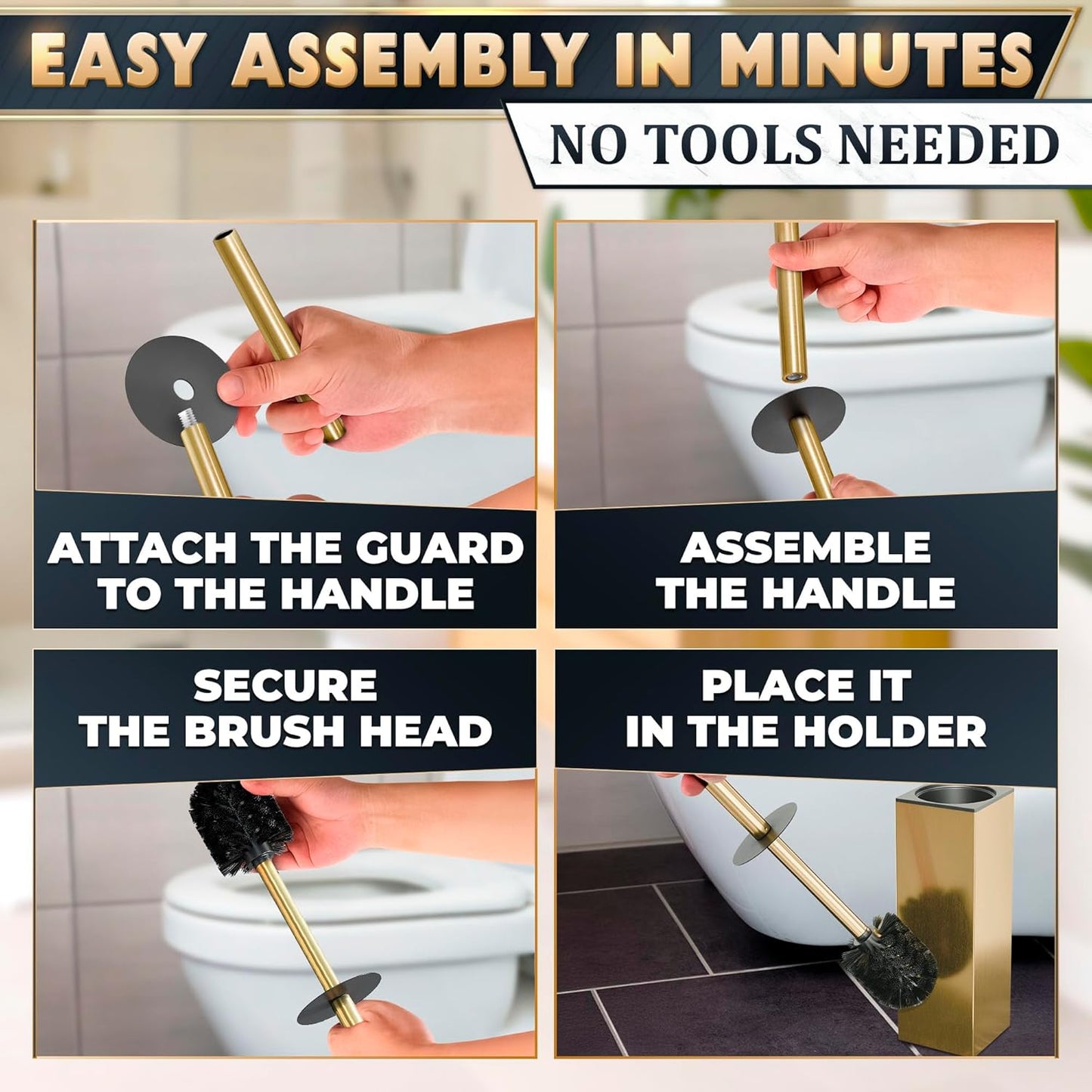 Stainless Steel Toilet Brush and Holder Set Gold & Square Design - Corrosion and Scratch-Resistant