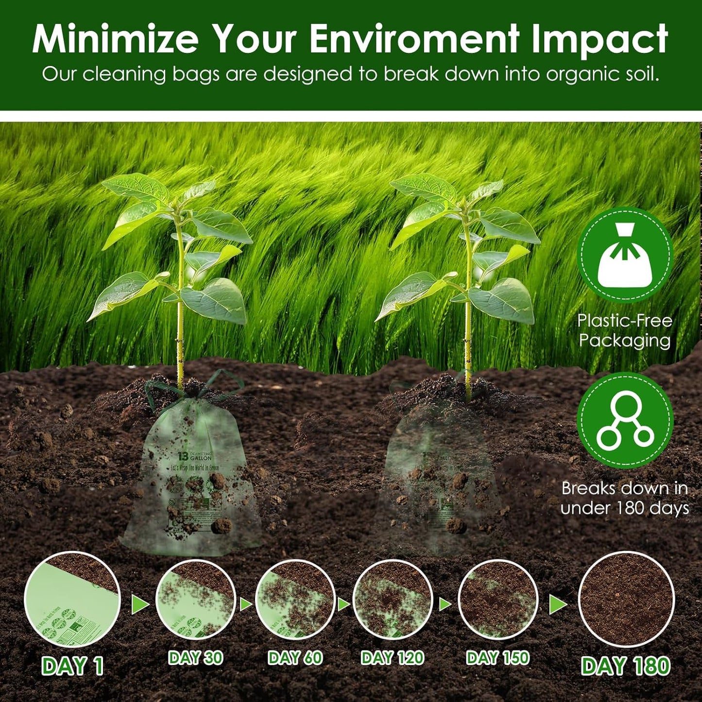 10-13 Gallon Compostable Trash Bags with Drawstring, Heavy Duty Extra Thick 1 Mil, 49.21 Liter