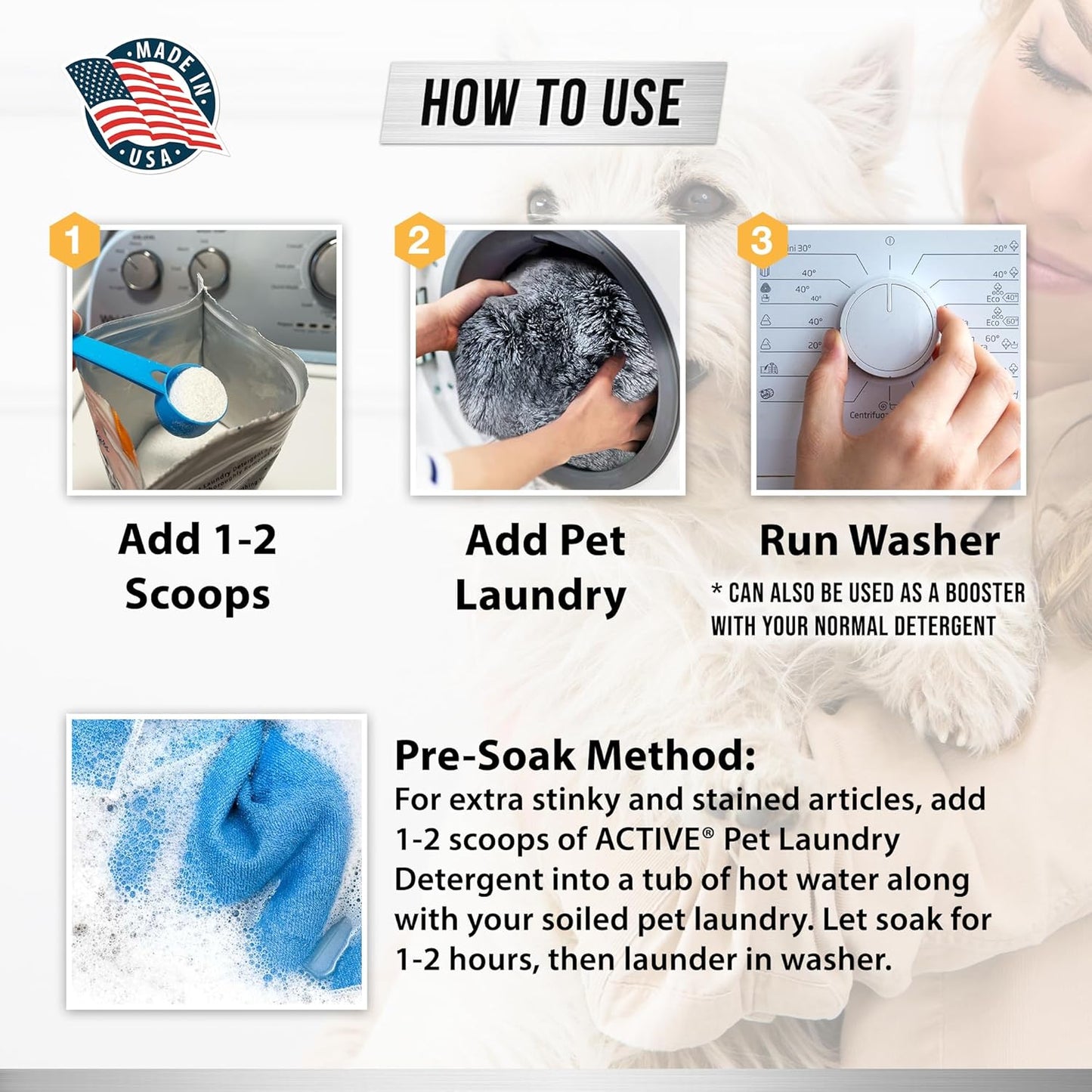 Pet Laundry Detergent Odor Remover - ACTIVE Enzyme Based Powder Detergent for Dogs Beds, Cat Pee