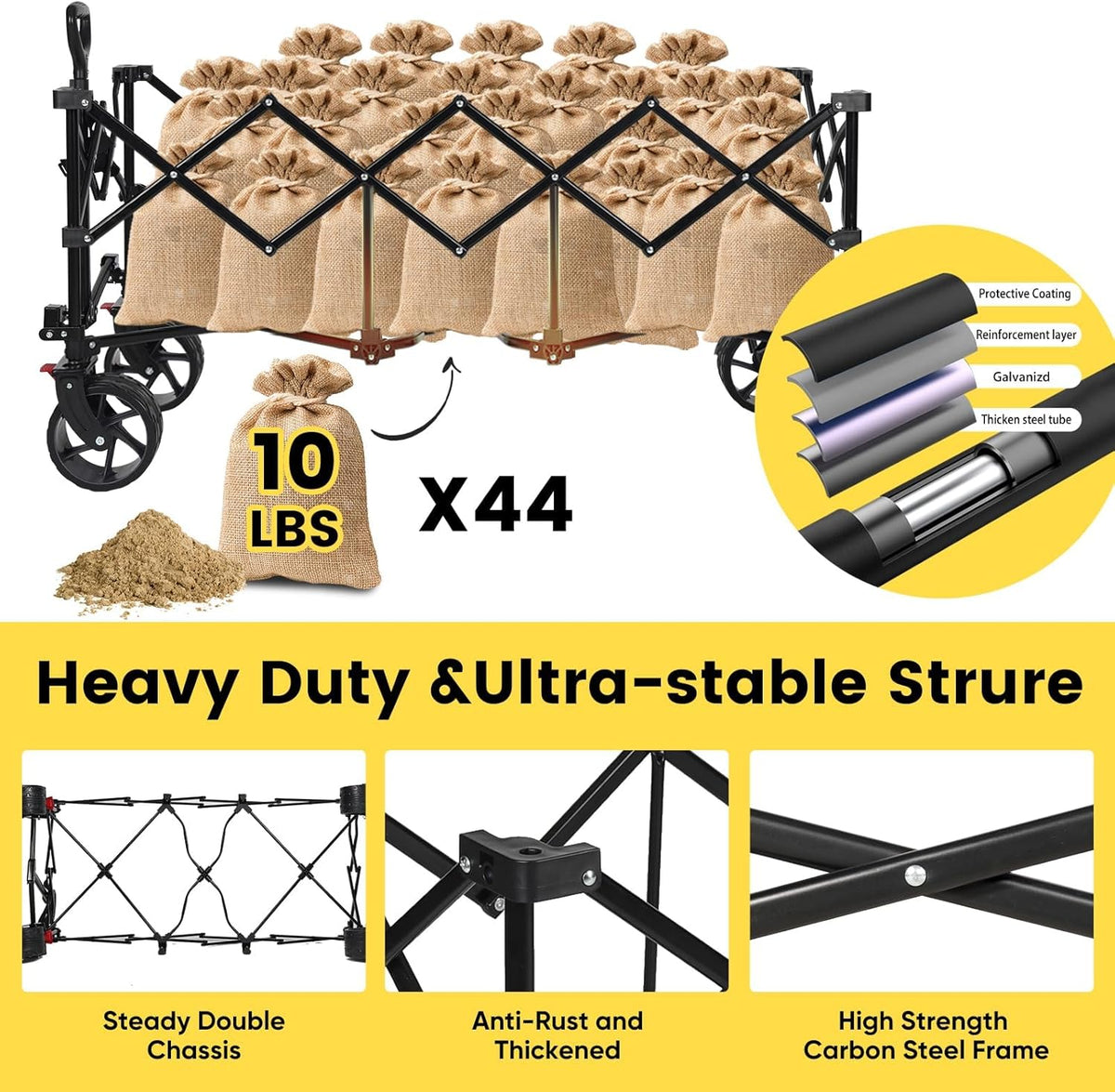 Sekey 48''L Collapsible Foldable Extended Wagon with 440lbs Weight Capacity, Heavy Duty 300L